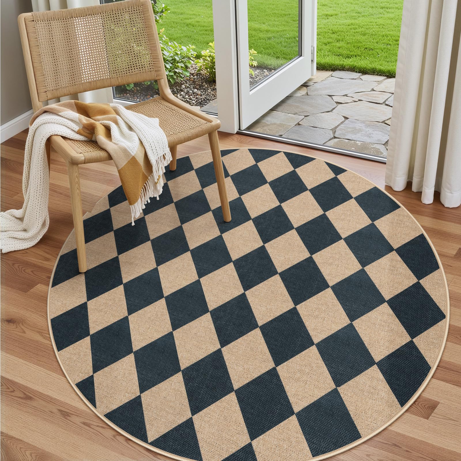Lahome Colette Checkered Easy Jute Entryway Rug, 3x5 Washable Area Rugs for Living Room Outdoor Patio, Non Slip Blue Indoor Door Mat Checkerboard Throw Carpet for Entry Front Door Guestroom Deck