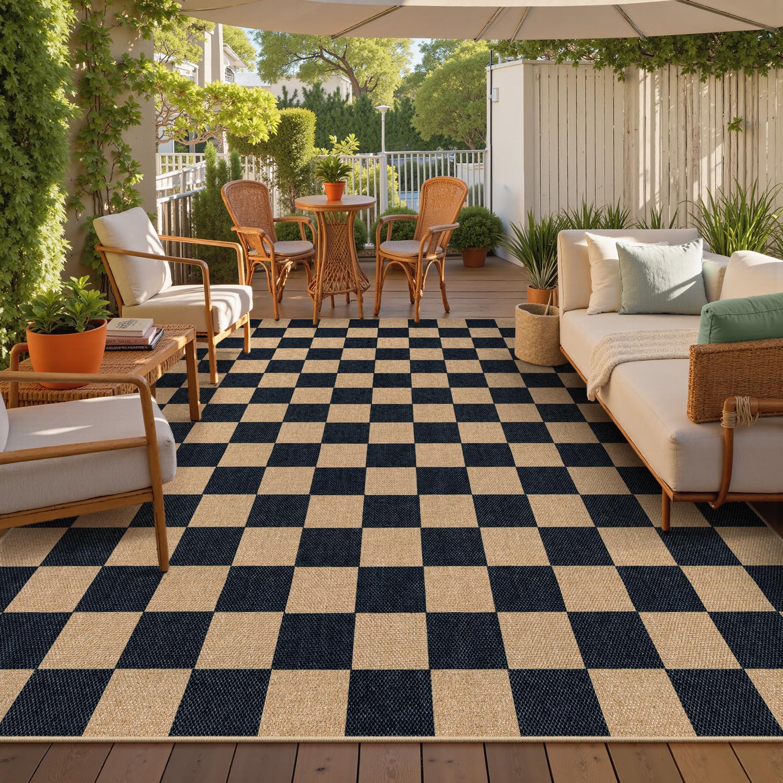 Lahome Colette Checkered Easy Jute Entryway Rug, 3x5 Washable Area Rugs for Living Room Outdoor Patio, Non Slip Blue Indoor Door Mat Checkerboard Throw Carpet for Entry Front Door Guestroom Deck