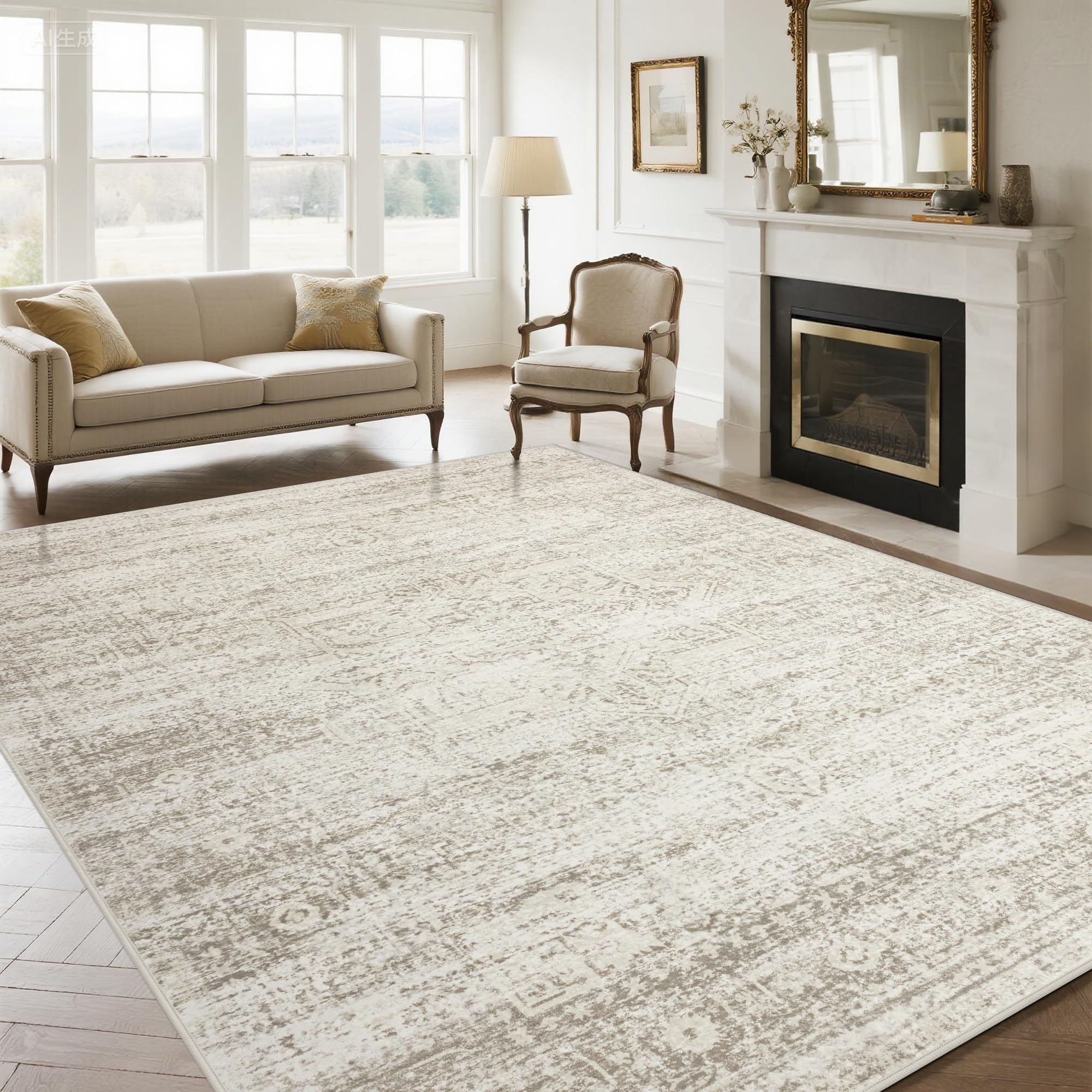 Srugn Washable Rugs 8x10 Area Rugs for Living Room,Ultra Soft Faux Wool Retro Rugs for Bedroom,Dining Room,Non Slip&Non-Shedding Low Pile Vintage Print Rug Indoor Large Carpets for Home Office Decor