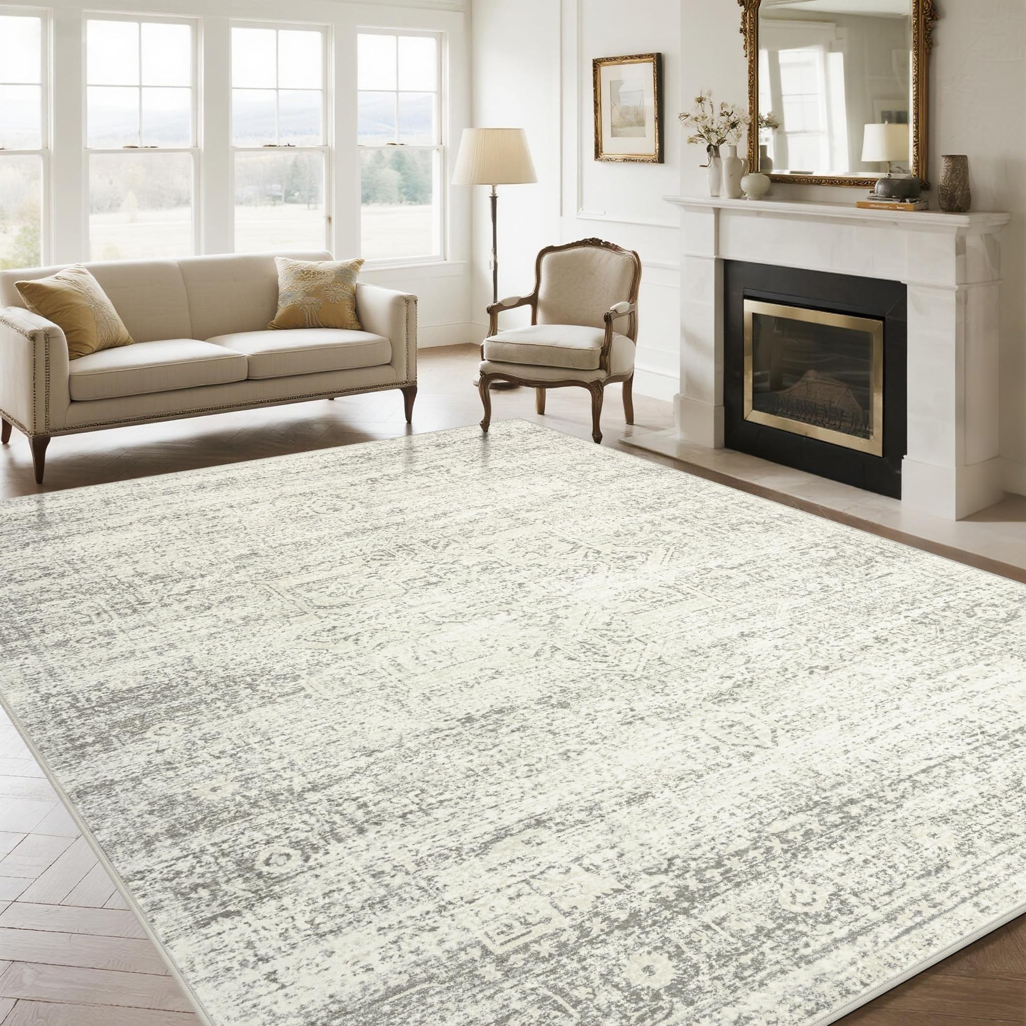 Srugn Washable Rugs 8x10 Area Rugs for Living Room,Ultra Soft Faux Wool Retro Rugs for Bedroom,Dining Room,Non Slip&Non-Shedding Low Pile Vintage Print Rug Indoor Large Carpets for Home Office Decor