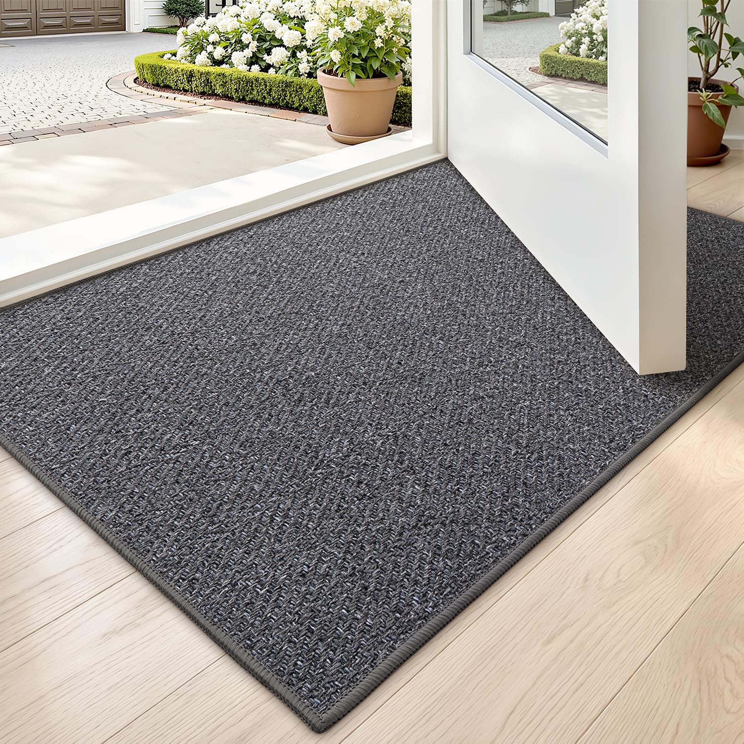 LUMI Ultra Thin Indoor Door Mat for Entrance 24"x36", Non Slip Entryway Mat, Low Profile Doormat, Unique Herringbone Design Carpet for Inside, Patio, Porch, Beige