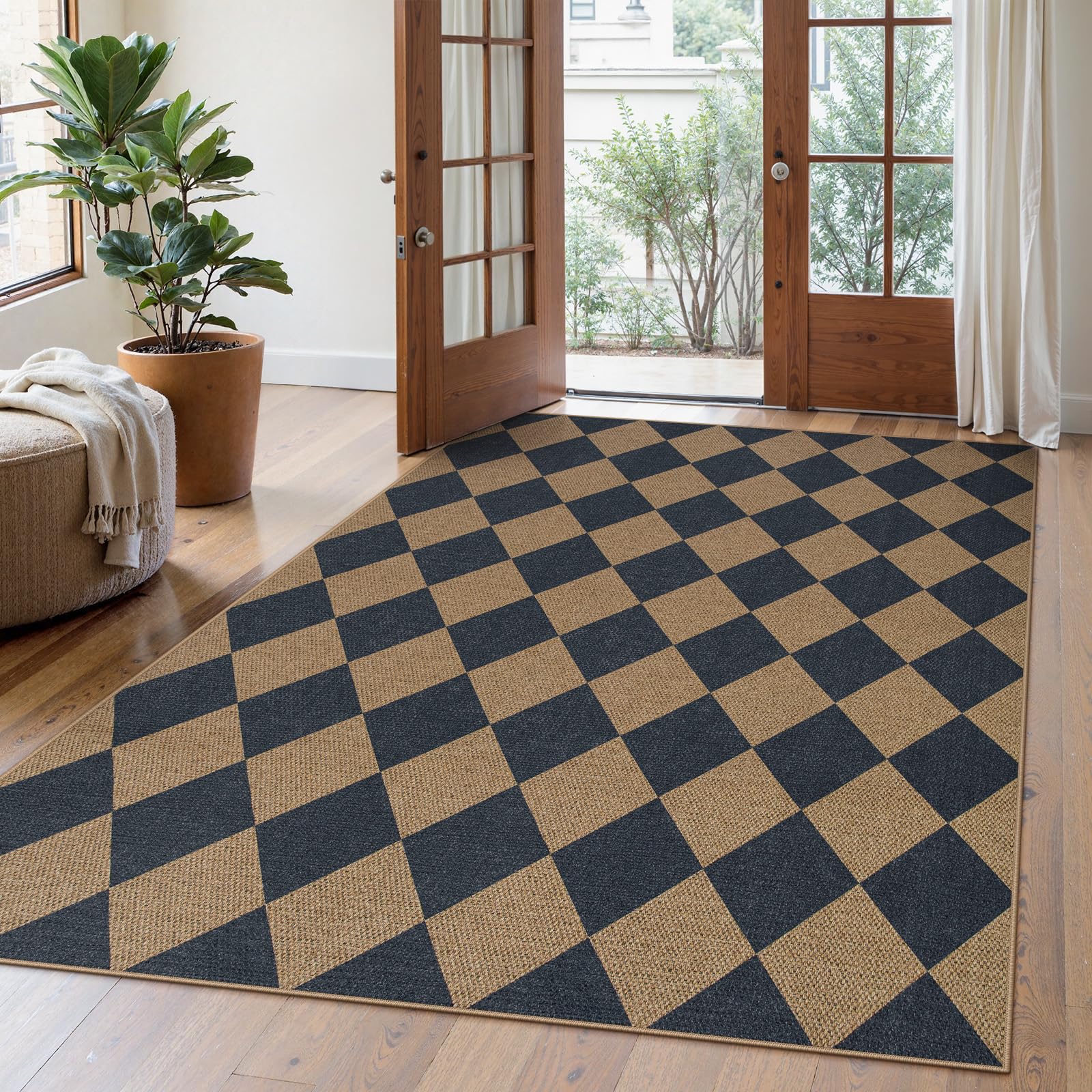 Lahome Colette Checkered Easy Jute Entryway Rug, 3x5 Washable Area Rugs for Living Room Outdoor Patio, Non Slip Blue Indoor Door Mat Checkerboard Throw Carpet for Entry Front Door Guestroom Deck