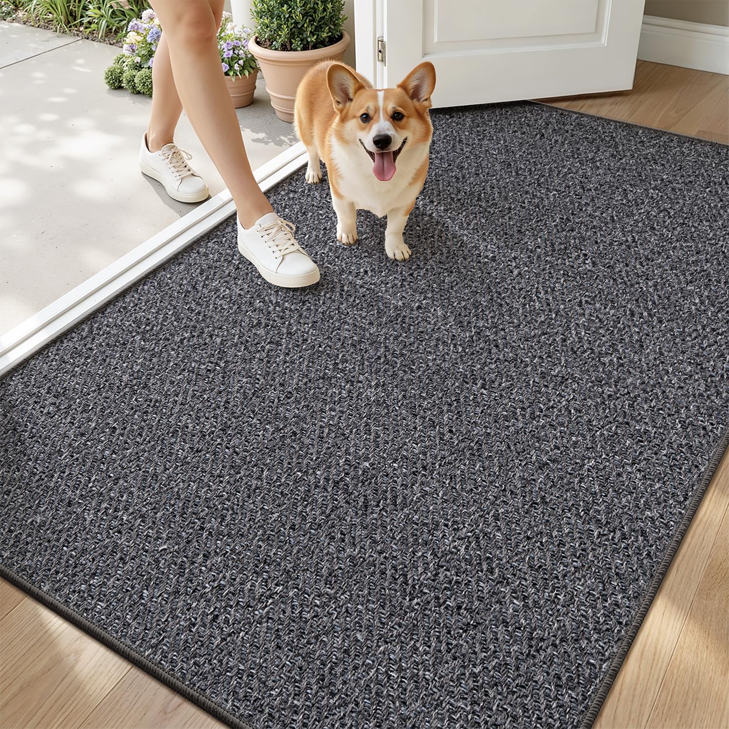 LUMI Ultra Thin Indoor Door Mat for Entrance 24"x36", Non Slip Entryway Mat, Low Profile Doormat, Unique Herringbone Design Carpet for Inside, Patio, Porch, Beige