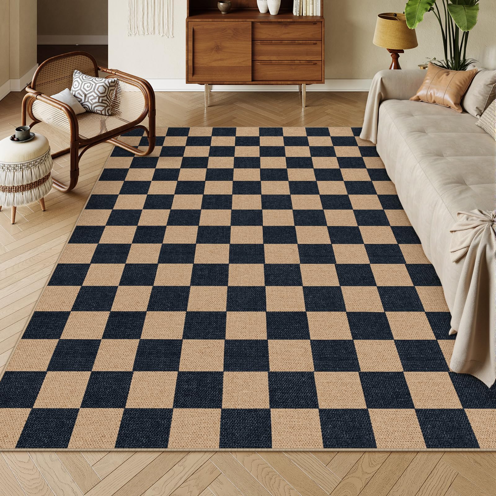 Lahome Colette Checkered Easy Jute Entryway Rug, 3x5 Washable Area Rugs for Living Room Outdoor Patio, Non Slip Blue Indoor Door Mat Checkerboard Throw Carpet for Entry Front Door Guestroom Deck