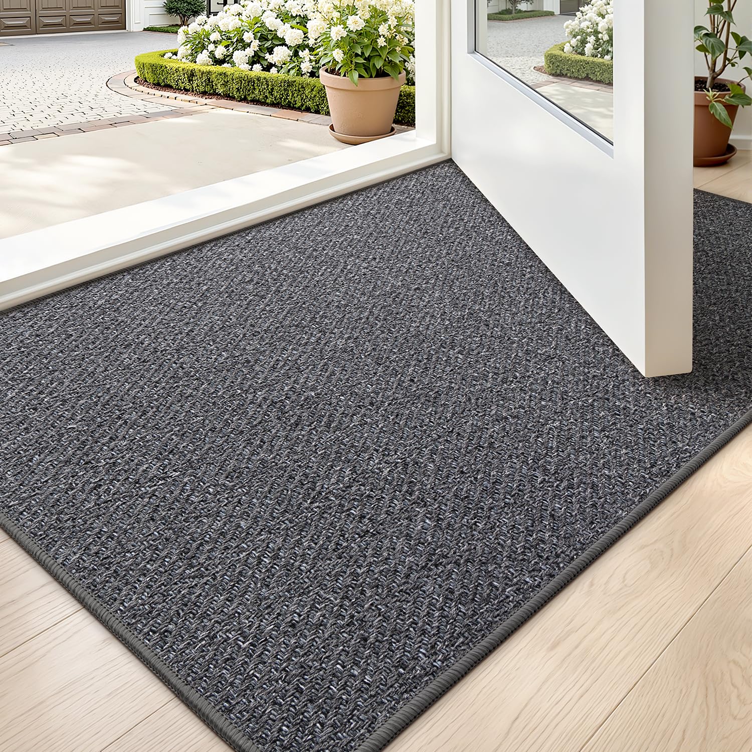 LUMI Ultra Thin Indoor Door Mat for Entrance 24"x36", Non Slip Entryway Mat, Low Profile Doormat, Unique Herringbone Design Carpet for Inside, Patio, Porch, Beige