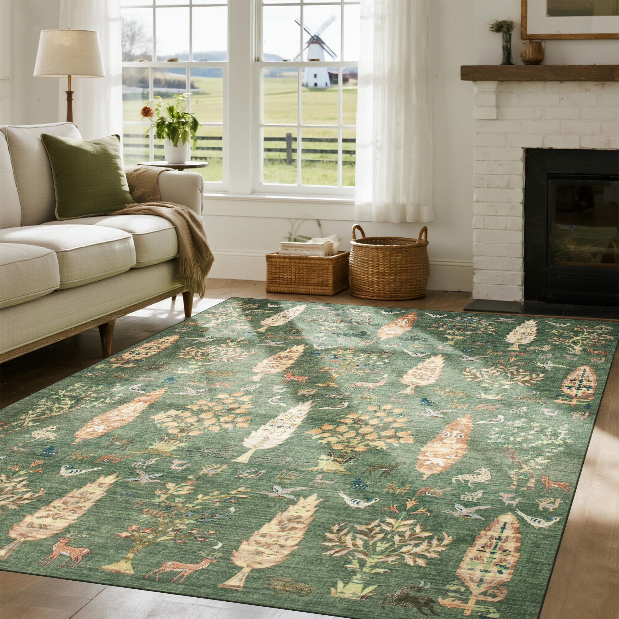 Srugn Washable Rugs 8x10 Area Rugs for Living Room,Ultra Soft Faux Wool Retro Rugs for Bedroom,Dining Room,Non Slip&Non-Shedding Low Pile Vintage Print Rug Indoor Large Carpets for Home Office Decor