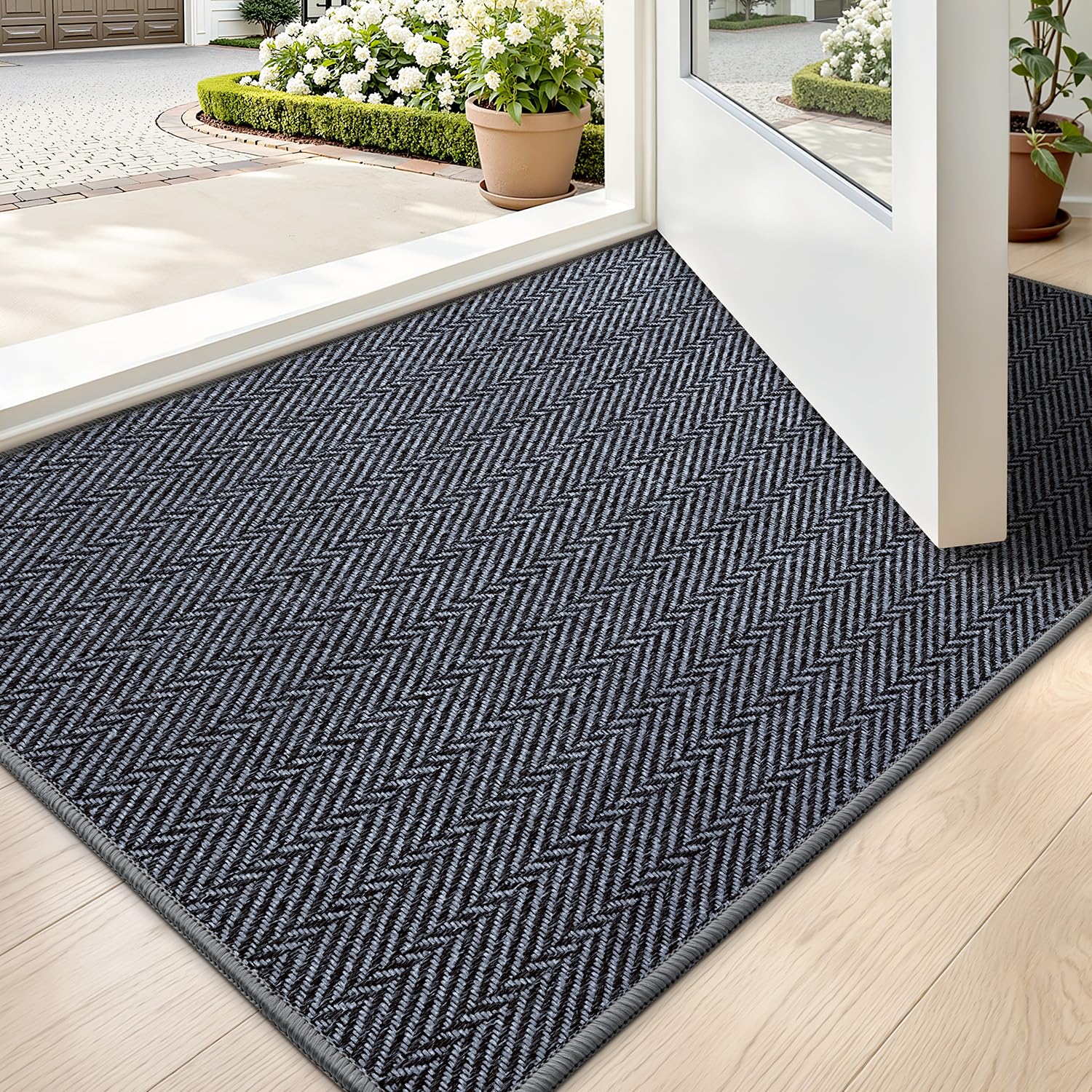 LUMI Ultra Thin Indoor Door Mat for Entrance 24"x36", Non Slip Entryway Mat, Low Profile Doormat, Unique Herringbone Design Carpet for Inside, Patio, Porch, Beige
