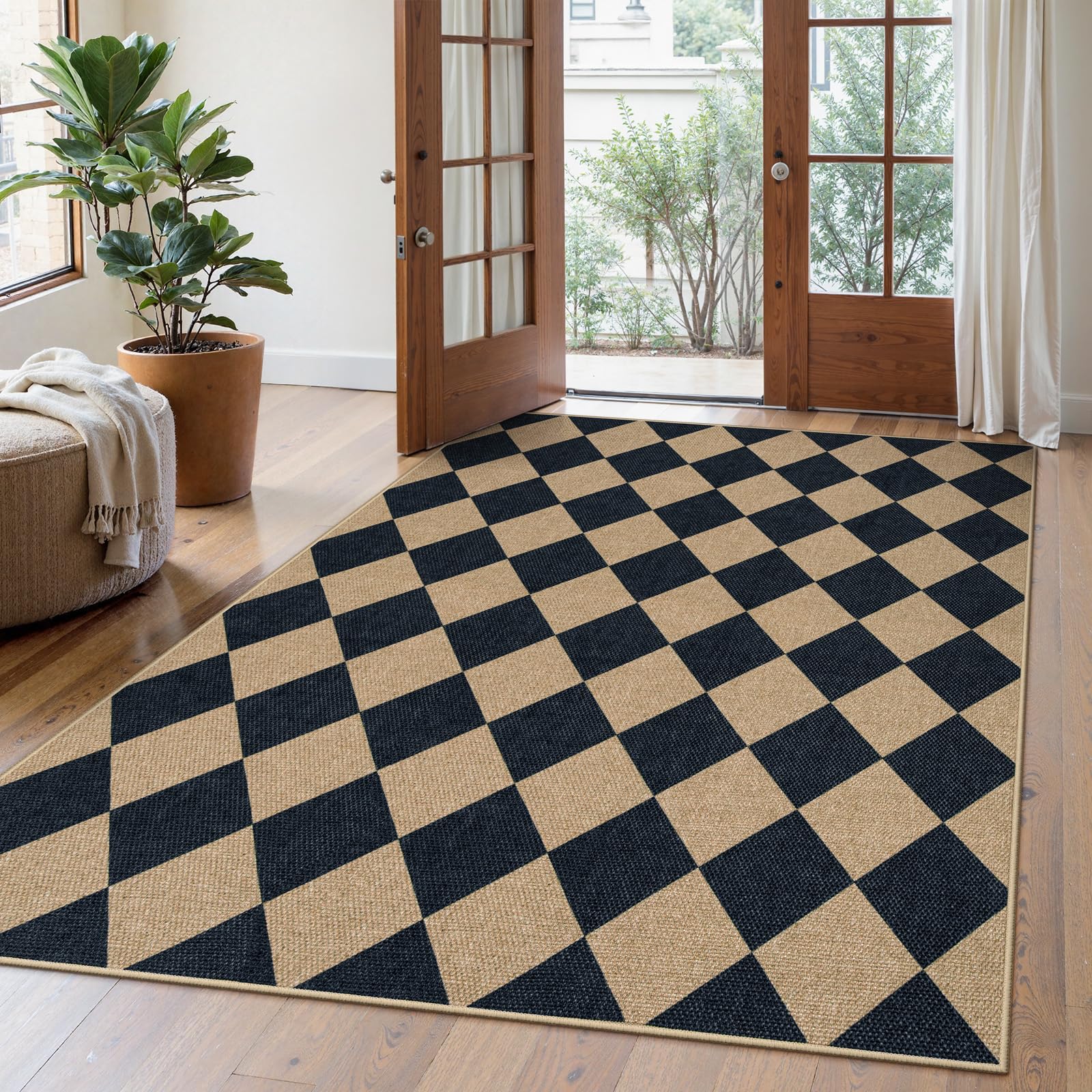 Lahome Colette Checkered Easy Jute Entryway Rug, 3x5 Washable Area Rugs for Living Room Outdoor Patio, Non Slip Blue Indoor Door Mat Checkerboard Throw Carpet for Entry Front Door Guestroom Deck