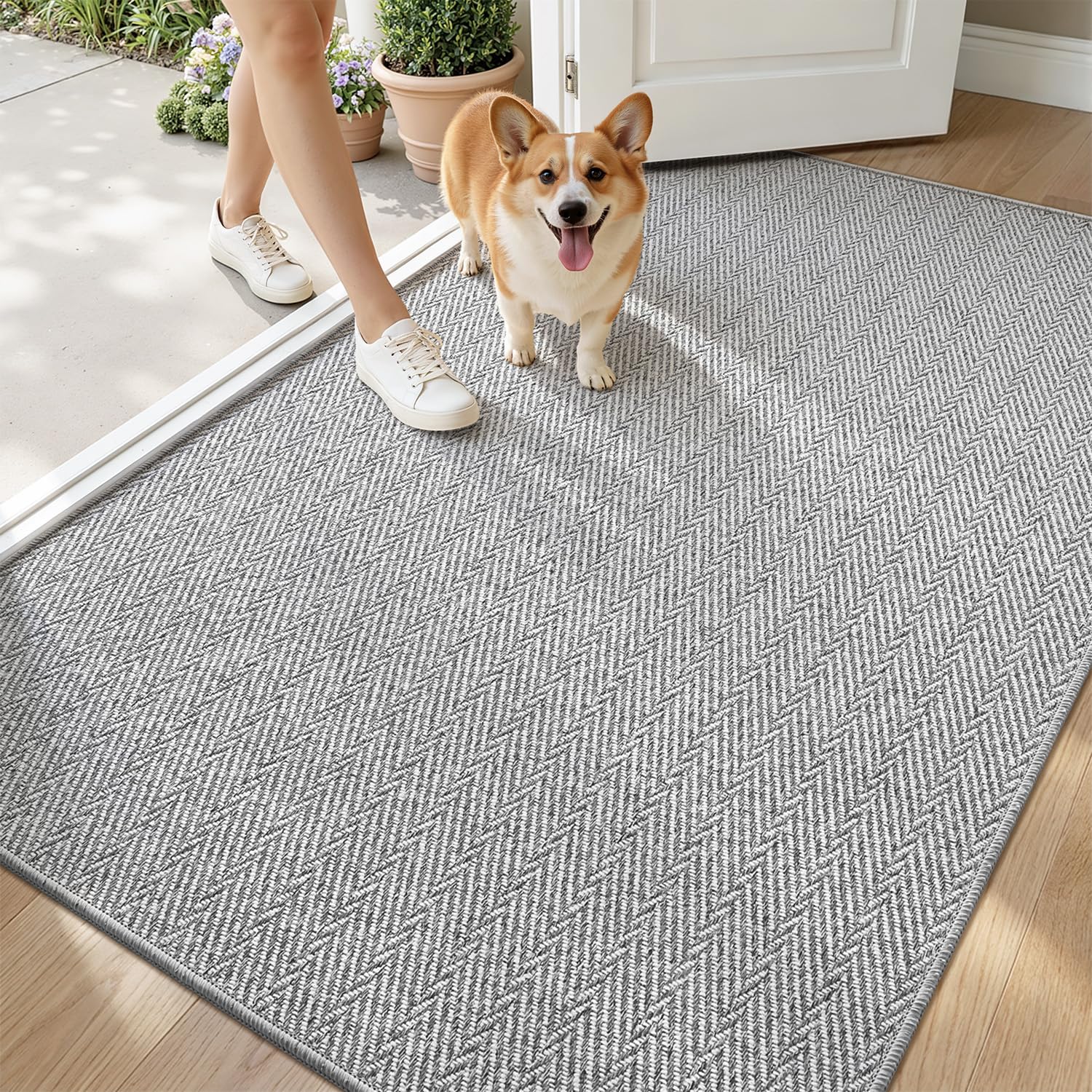 LUMI Ultra Thin Indoor Door Mat for Entrance 24"x36", Non Slip Entryway Mat, Low Profile Doormat, Unique Herringbone Design Carpet for Inside, Patio, Porch, Beige