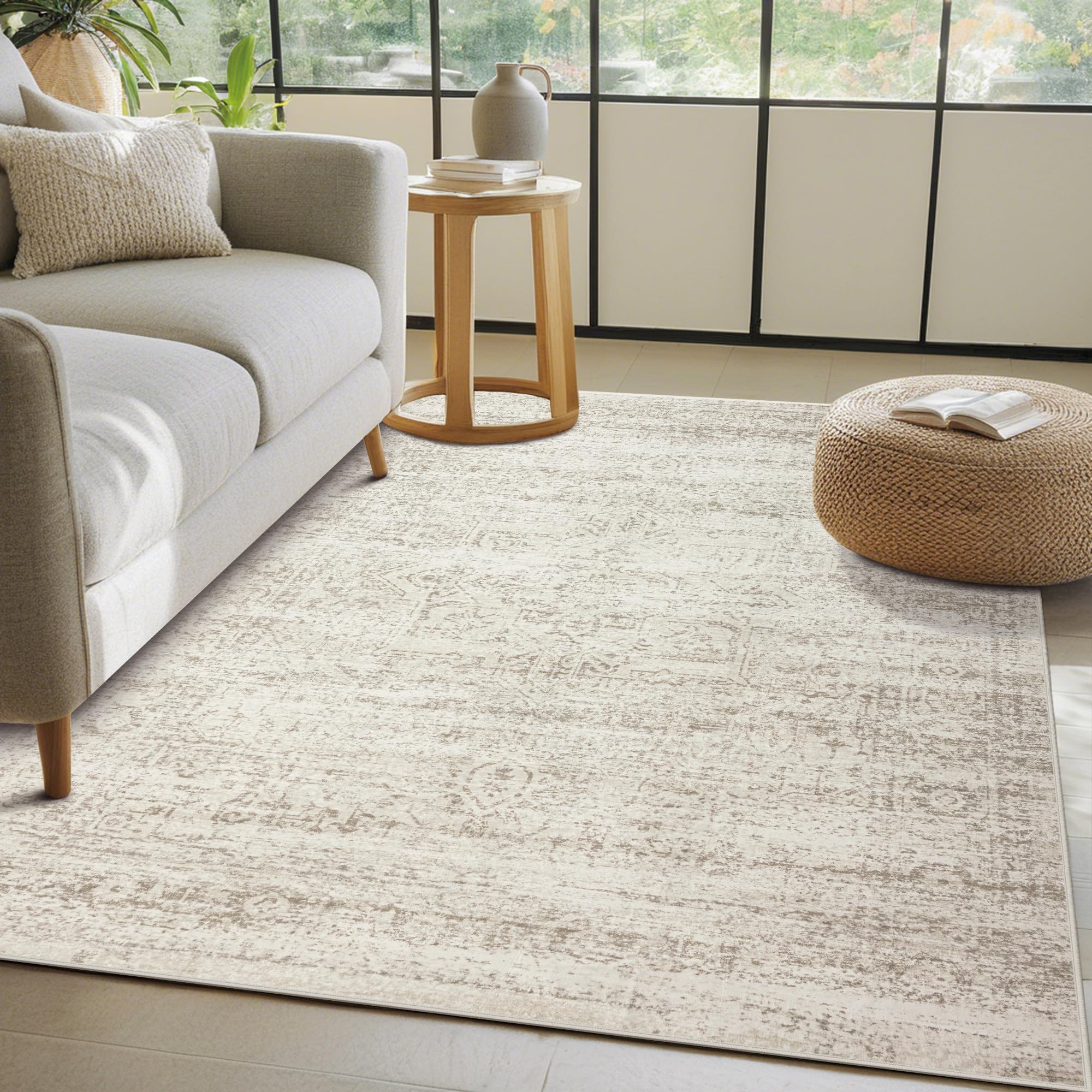 Srugn Washable Rugs 8x10 Area Rugs for Living Room,Ultra Soft Faux Wool Retro Rugs for Bedroom,Dining Room,Non Slip&Non-Shedding Low Pile Vintage Print Rug Indoor Large Carpets for Home Office Decor