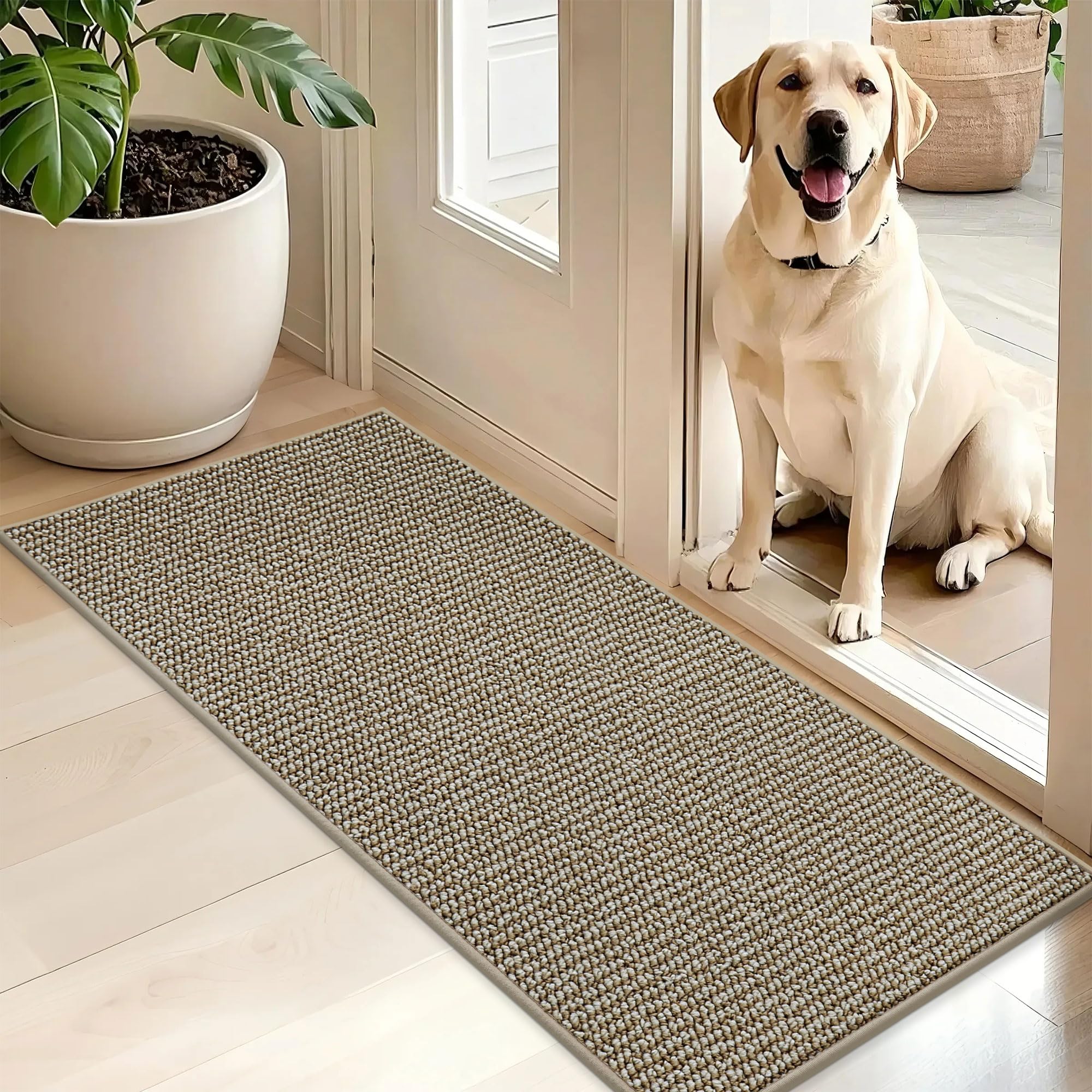 BEQHAUSE Dirt Trapper Door Mat 24" x 36", Non-Slip Washable Doormats Entrance Mat, Dirt Resistant and Absorbent Welcome Mat, Low Profile Floor Mats for Front Back Door and Entryway, Beige