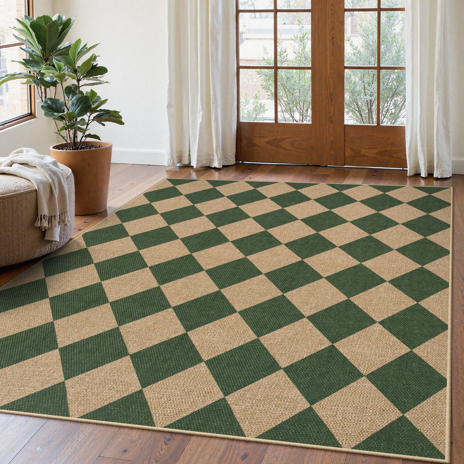 Lahome Colette Checkered Easy Jute Entryway Rug, 3x5 Washable Area Rugs for Living Room Outdoor Patio, Non Slip Blue Indoor Door Mat Checkerboard Throw Carpet for Entry Front Door Guestroom Deck
