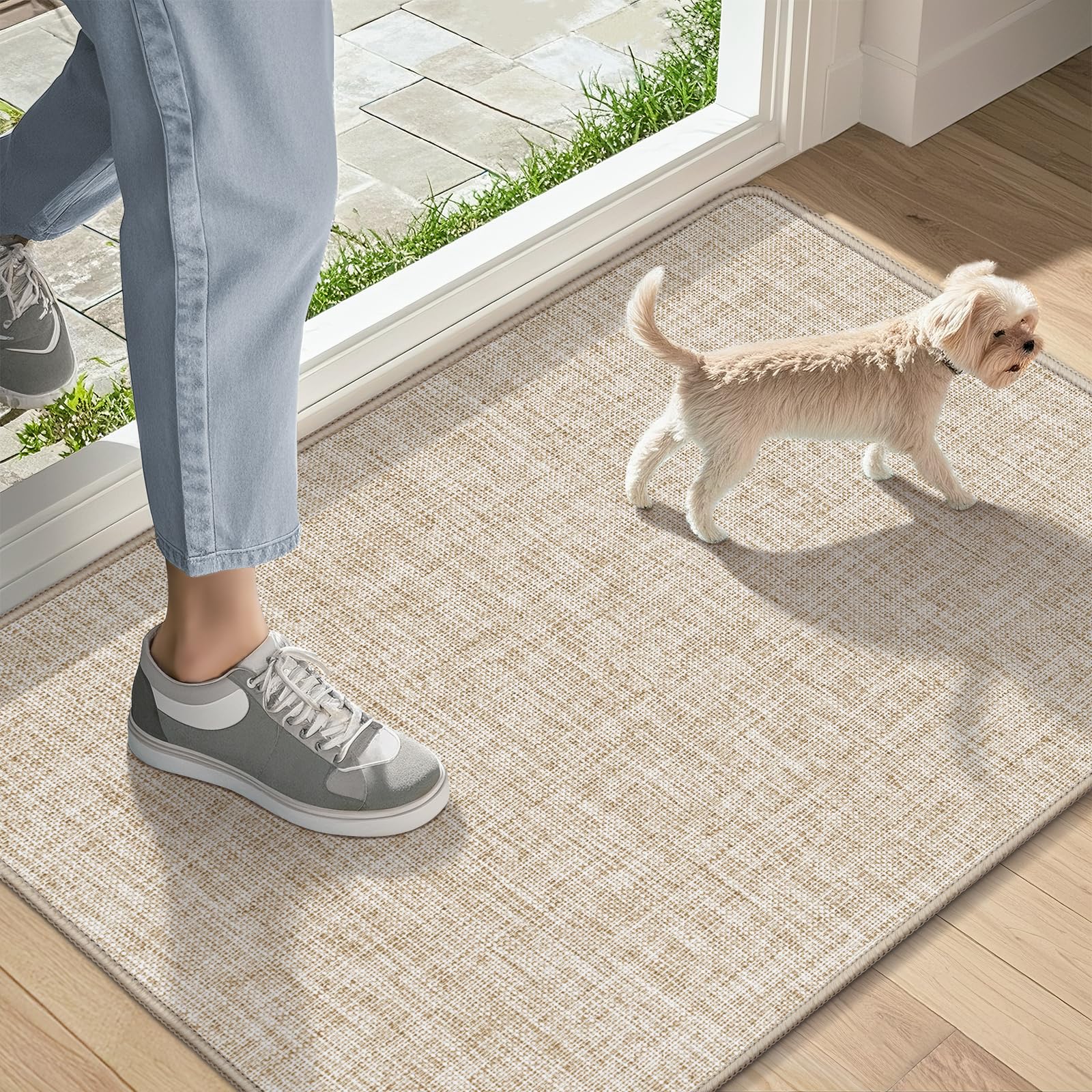LEKEEPGO Ultra Thin Indoor Door Mat 36"x59", Low-Profile Door Mat Indoor Entrance, Non Slip Rubber Backing Inside Doormat Washable Welcome Front Entryway Dirt Trapper Entry Mat, Khaki