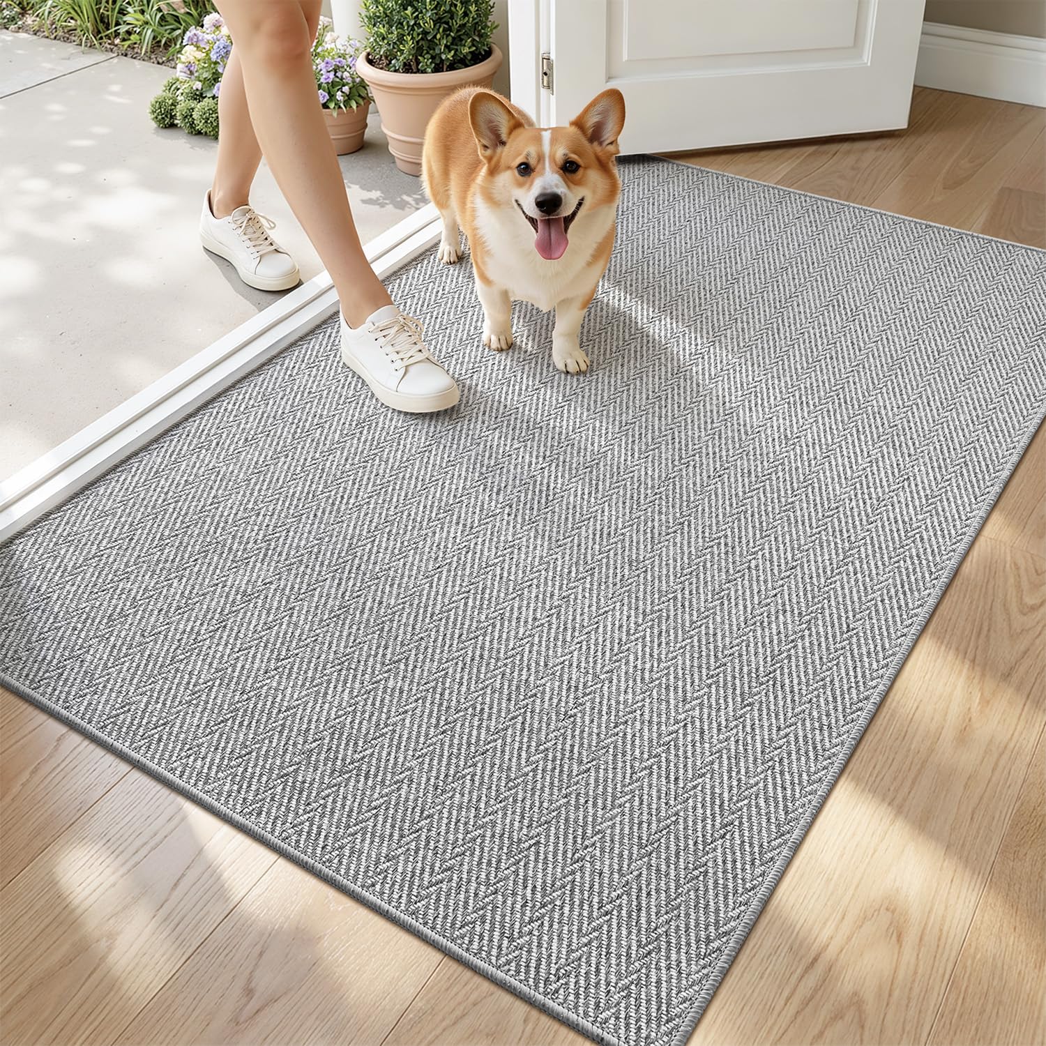 LUMI Ultra Thin Indoor Door Mat for Entrance 24"x36", Non Slip Entryway Mat, Low Profile Doormat, Unique Herringbone Design Carpet for Inside, Patio, Porch, Beige