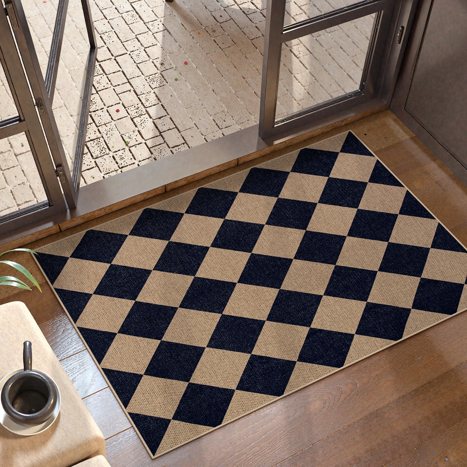 Lahome Colette Checkered Easy Jute Entryway Rug, 3x5 Washable Area Rugs for Living Room Outdoor Patio, Non Slip Blue Indoor Door Mat Checkerboard Throw Carpet for Entry Front Door Guestroom Deck