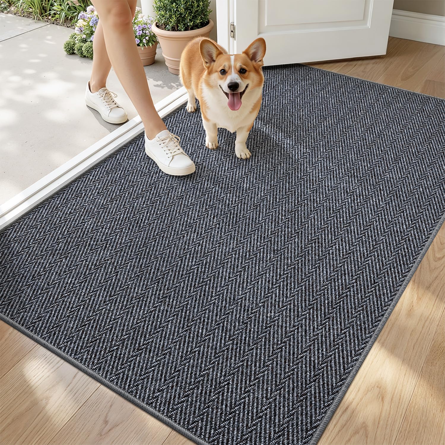 LUMI Ultra Thin Indoor Door Mat for Entrance 24"x36", Non Slip Entryway Mat, Low Profile Doormat, Unique Herringbone Design Carpet for Inside, Patio, Porch, Beige