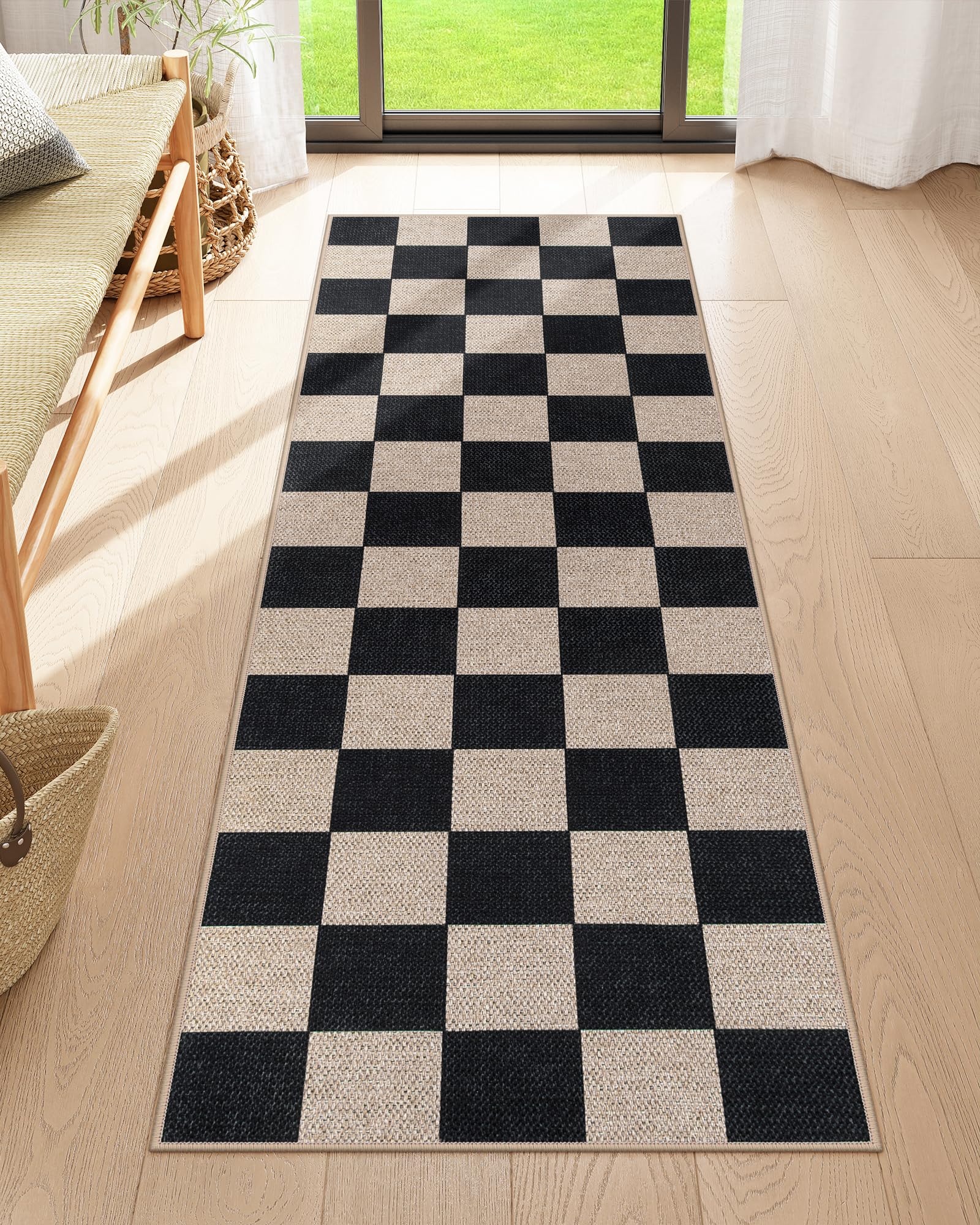 Lahome Colette Checkered Easy Jute Entryway Rug, 3x5 Washable Area Rugs for Living Room Outdoor Patio, Non Slip Blue Indoor Door Mat Checkerboard Throw Carpet for Entry Front Door Guestroom Deck