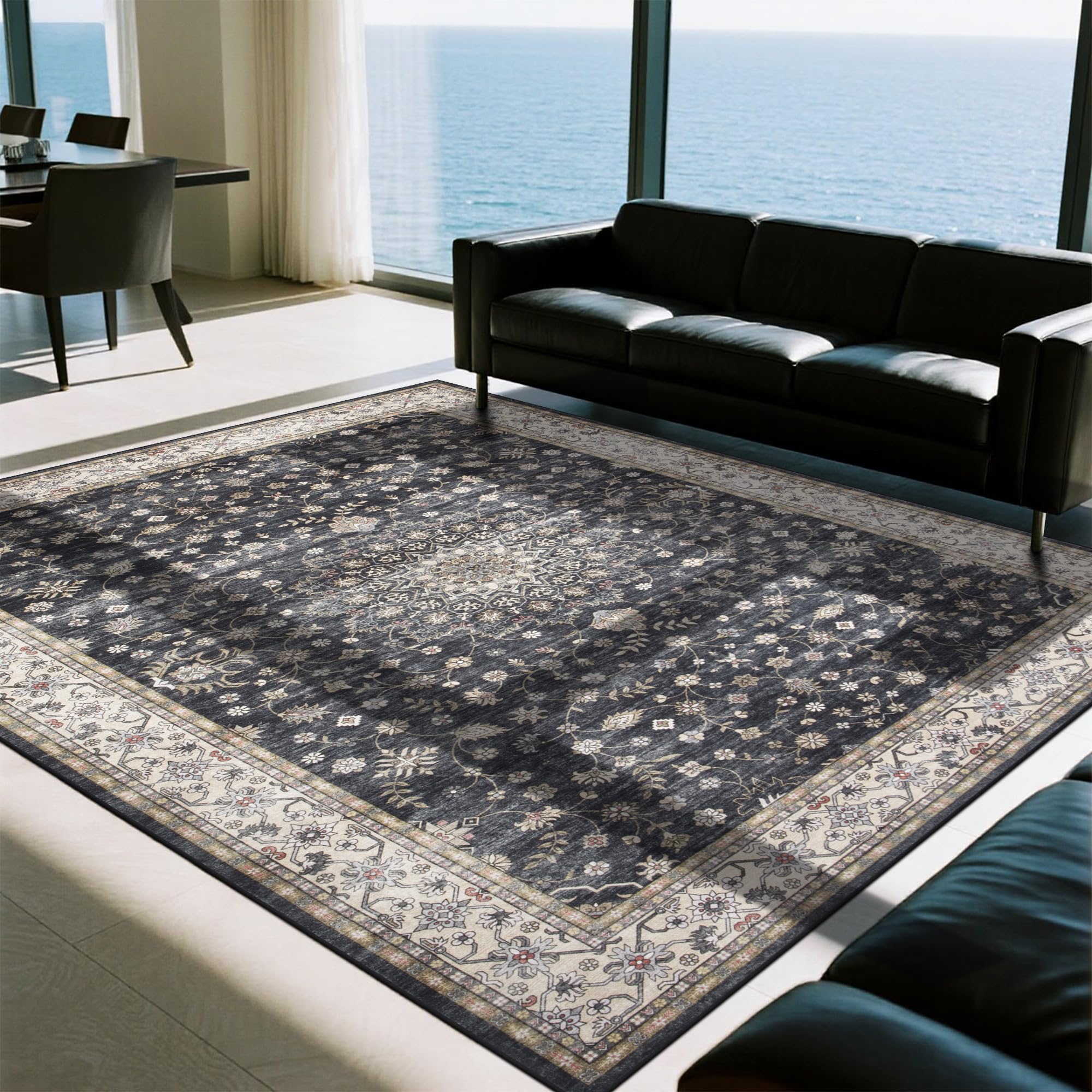 Srugn Washable Rugs 8x10 Area Rugs for Living Room,Ultra Soft Faux Wool Retro Rugs for Bedroom,Dining Room,Non Slip&Non-Shedding Low Pile Vintage Print Rug Indoor Large Carpets for Home Office Decor