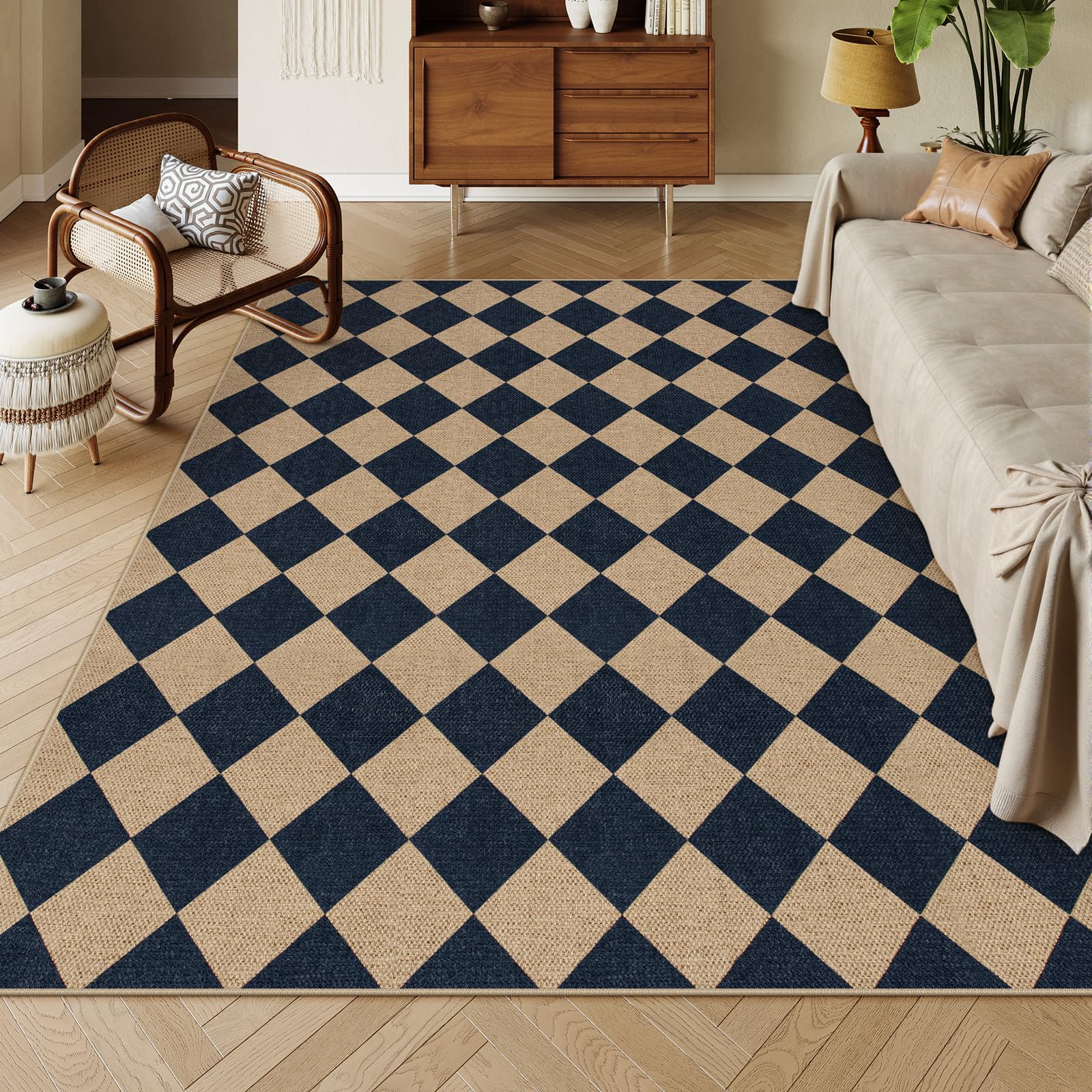 Lahome Colette Checkered Easy Jute Entryway Rug, 3x5 Washable Area Rugs for Living Room Outdoor Patio, Non Slip Blue Indoor Door Mat Checkerboard Throw Carpet for Entry Front Door Guestroom Deck