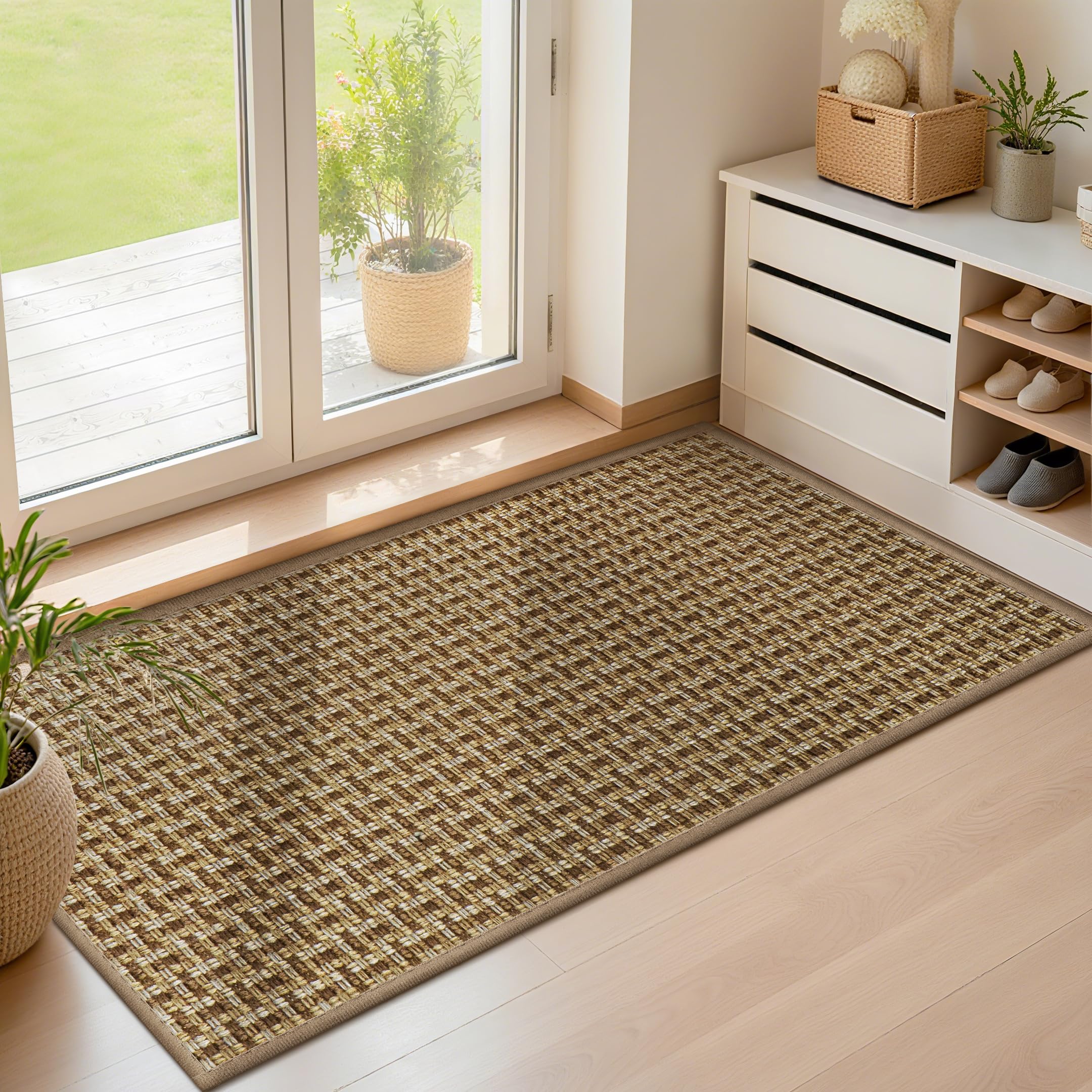LEKEEPGO Ultra Thin Indoor Door Mat 36"x59", Low-Profile Door Mat Indoor Entrance, Non Slip Rubber Backing Inside Doormat Washable Welcome Front Entryway Dirt Trapper Entry Mat, Khaki