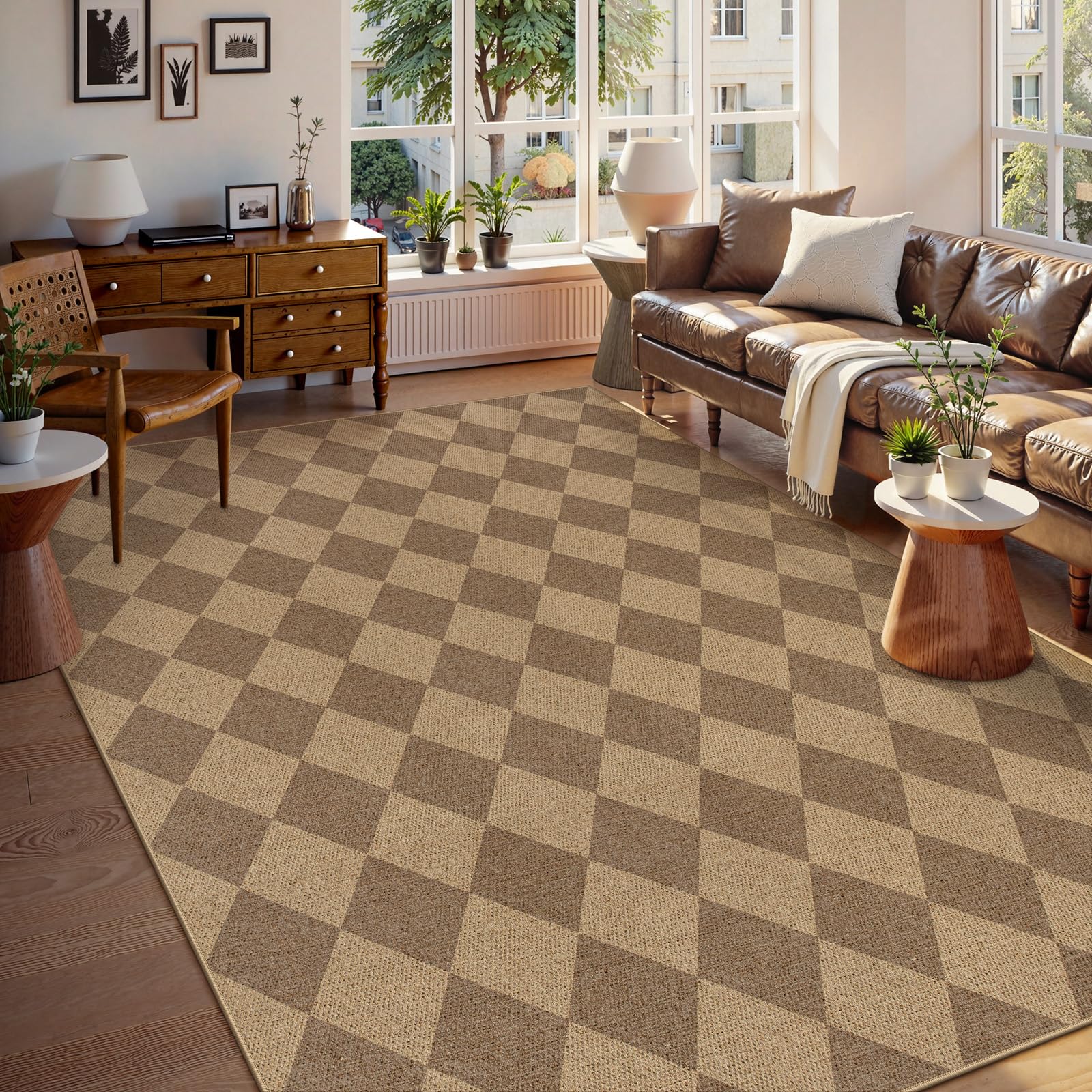 Lahome Colette Checkered Easy Jute Entryway Rug, 3x5 Washable Area Rugs for Living Room Outdoor Patio, Non Slip Blue Indoor Door Mat Checkerboard Throw Carpet for Entry Front Door Guestroom Deck