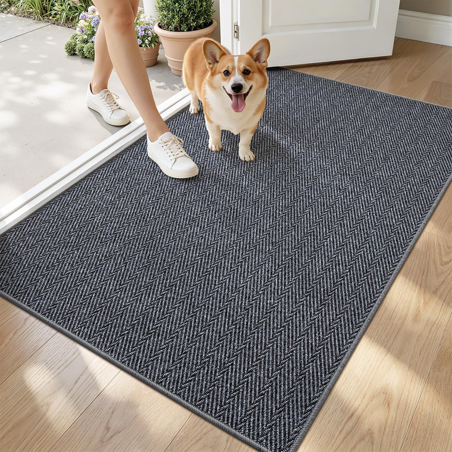 LUMI Ultra Thin Indoor Door Mat for Entrance 24"x36", Non Slip Entryway Mat, Low Profile Doormat, Unique Herringbone Design Carpet for Inside, Patio, Porch, Beige