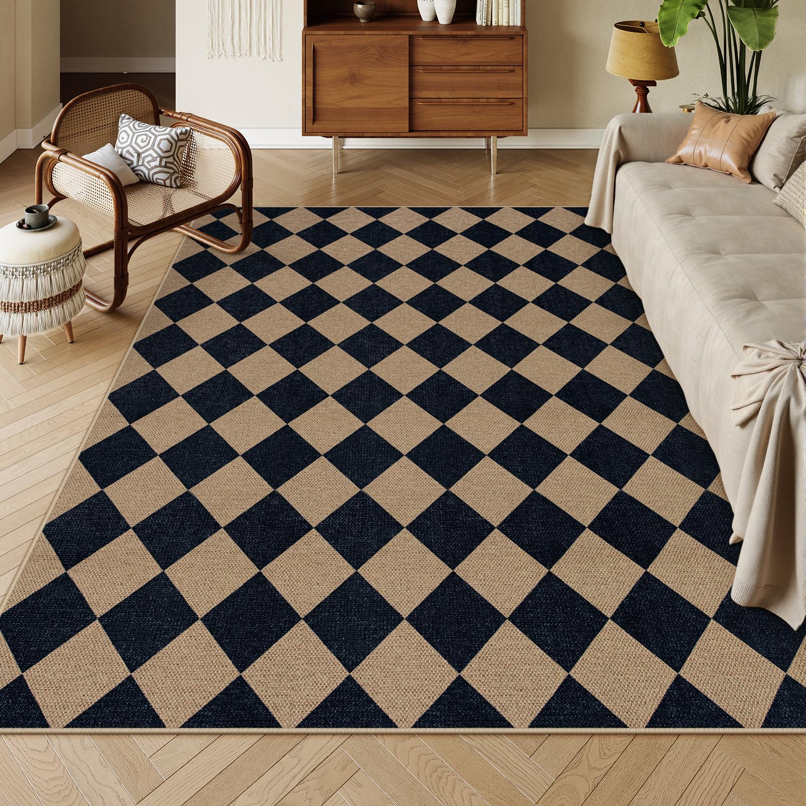 Lahome Colette Checkered Easy Jute Entryway Rug, 3x5 Washable Area Rugs for Living Room Outdoor Patio, Non Slip Blue Indoor Door Mat Checkerboard Throw Carpet for Entry Front Door Guestroom Deck