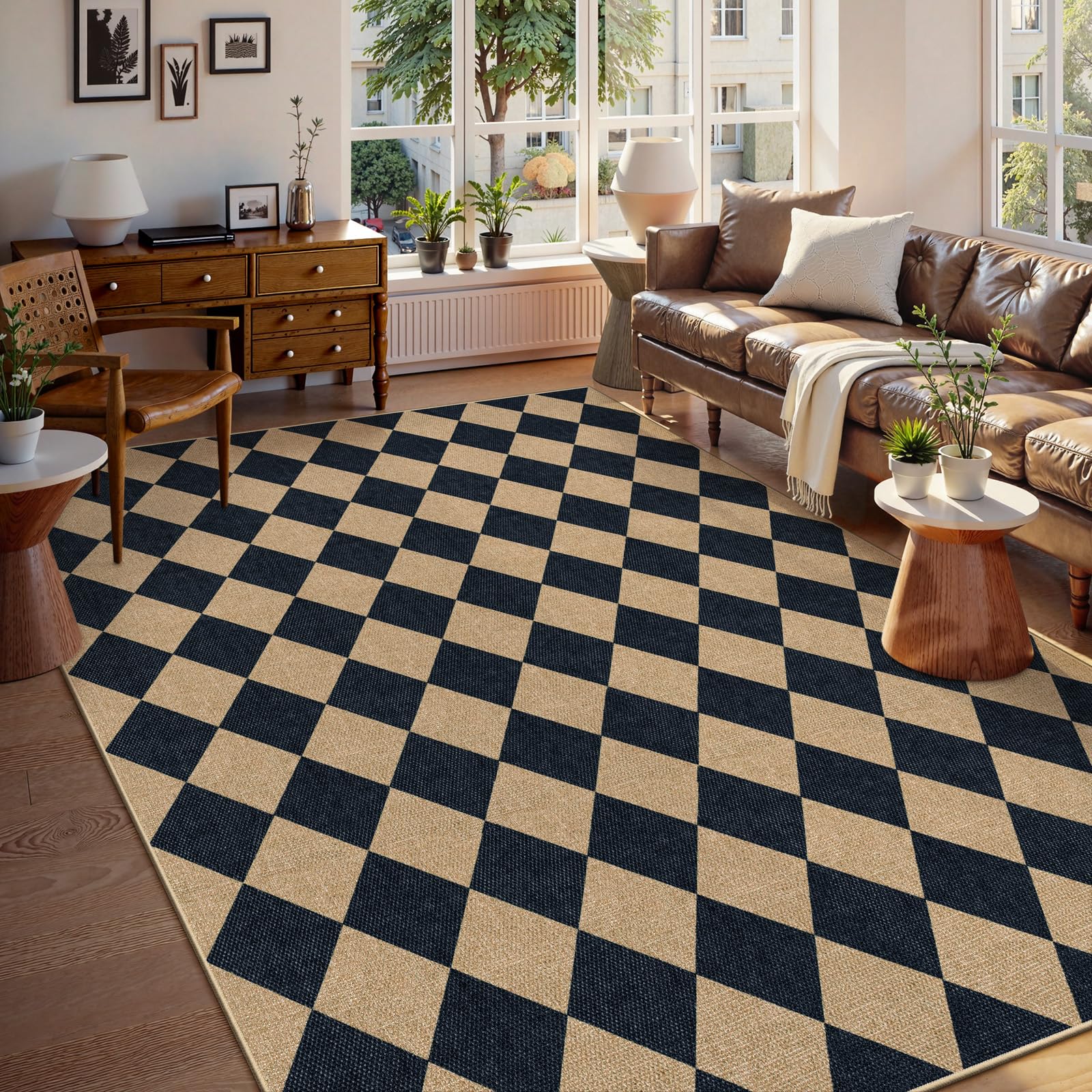 Lahome Colette Checkered Easy Jute Entryway Rug, 3x5 Washable Area Rugs for Living Room Outdoor Patio, Non Slip Blue Indoor Door Mat Checkerboard Throw Carpet for Entry Front Door Guestroom Deck