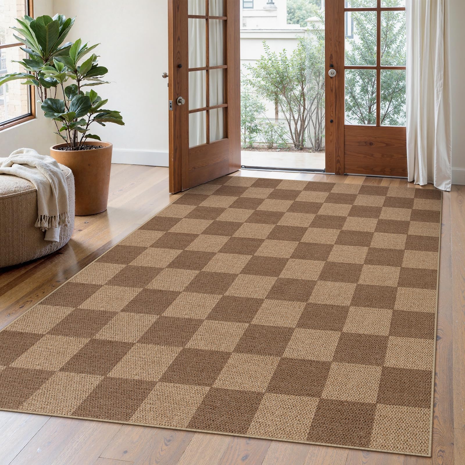Lahome Colette Checkered Easy Jute Entryway Rug, 3x5 Washable Area Rugs for Living Room Outdoor Patio, Non Slip Blue Indoor Door Mat Checkerboard Throw Carpet for Entry Front Door Guestroom Deck