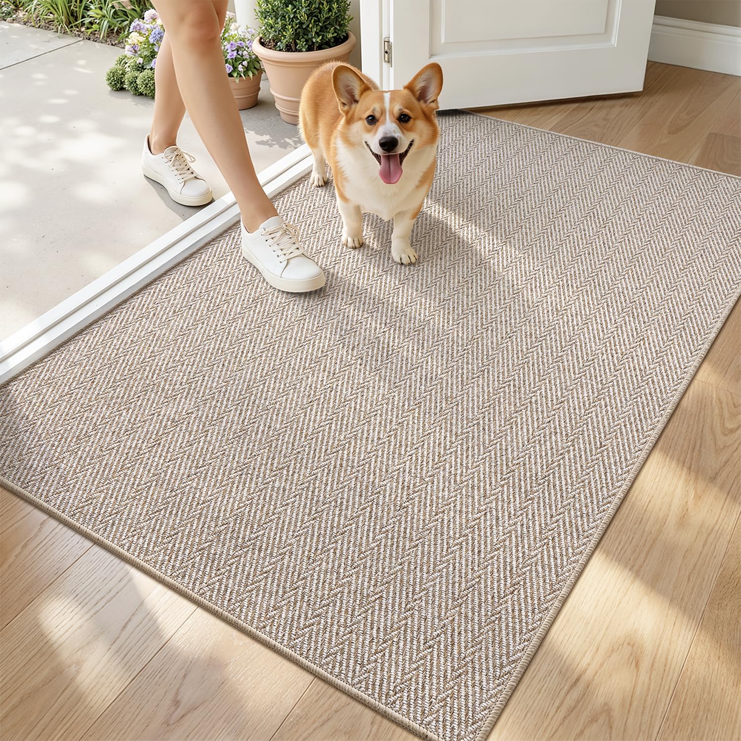 LUMI Ultra Thin Indoor Door Mat for Entrance 24"x36", Non Slip Entryway Mat, Low Profile Doormat, Unique Herringbone Design Carpet for Inside, Patio, Porch, Beige