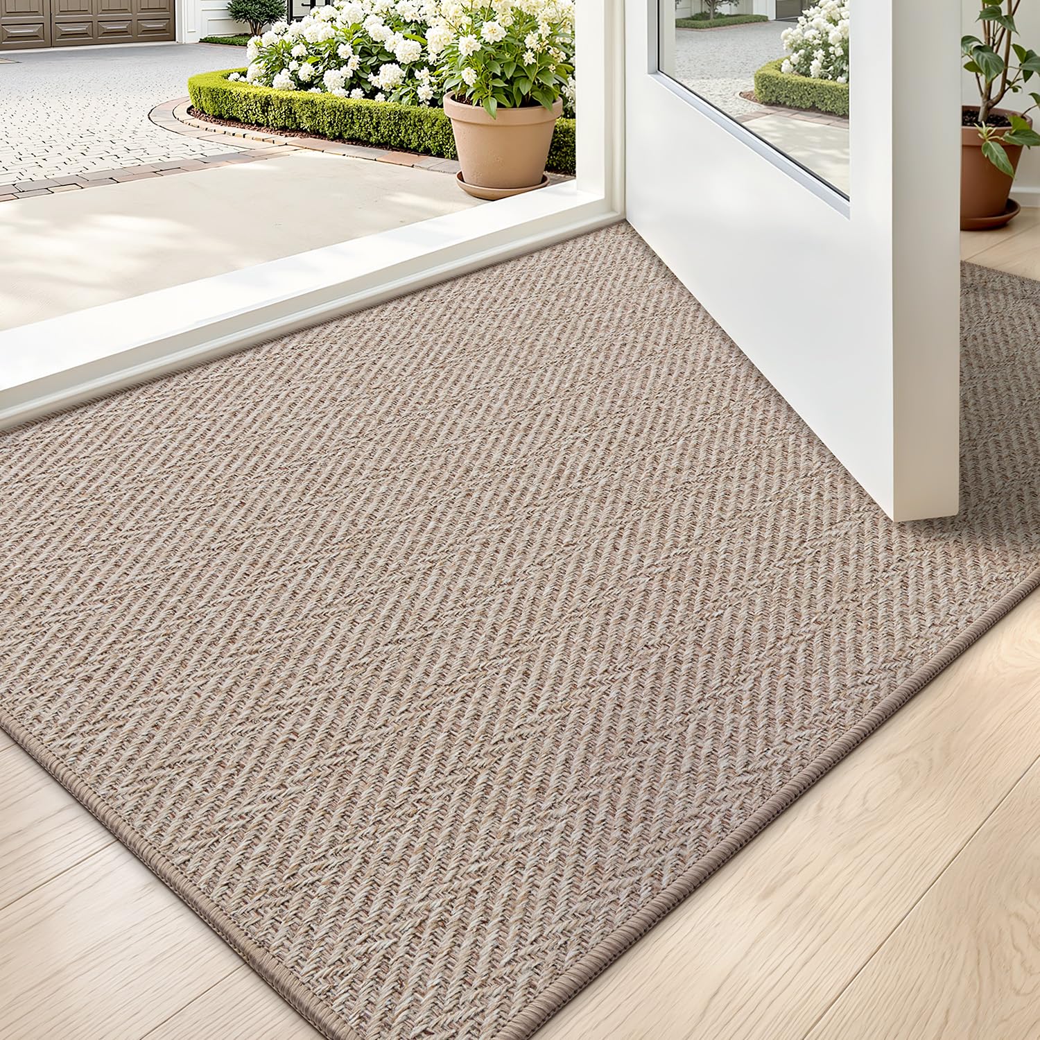 LUMI Ultra Thin Indoor Door Mat for Entrance 24"x36", Non Slip Entryway Mat, Low Profile Doormat, Unique Herringbone Design Carpet for Inside, Patio, Porch, Beige