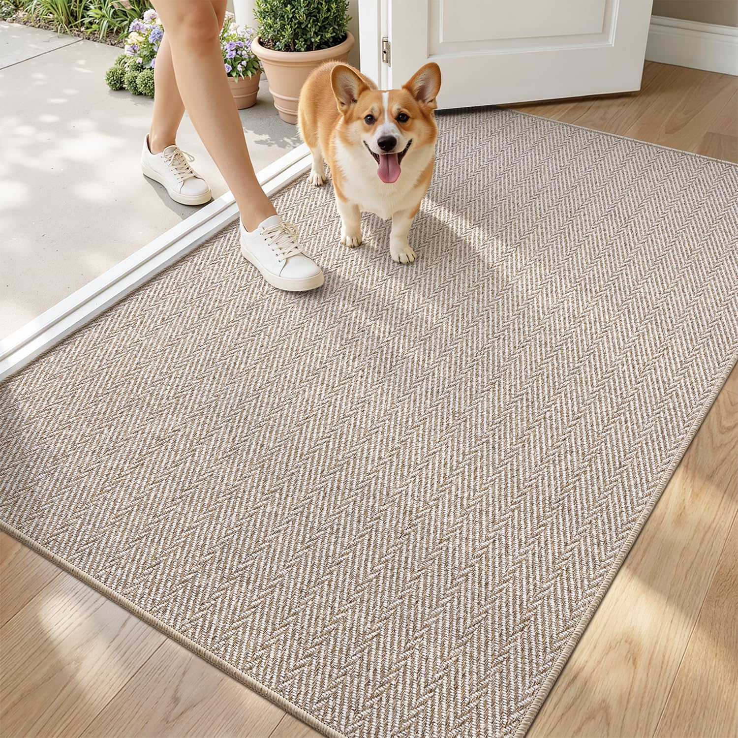 LUMI Ultra Thin Indoor Door Mat for Entrance 24"x36", Non Slip Entryway Mat, Low Profile Doormat, Unique Herringbone Design Carpet for Inside, Patio, Porch, Beige