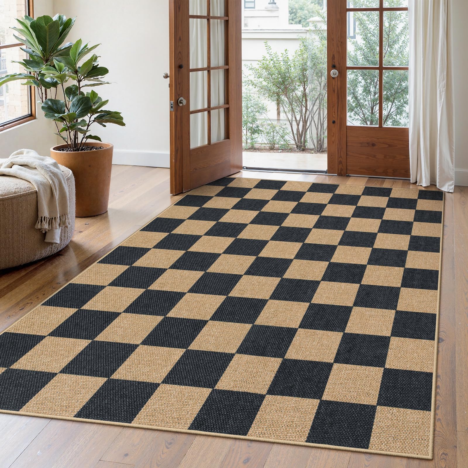 Lahome Colette Checkered Easy Jute Entryway Rug, 3x5 Washable Area Rugs for Living Room Outdoor Patio, Non Slip Blue Indoor Door Mat Checkerboard Throw Carpet for Entry Front Door Guestroom Deck