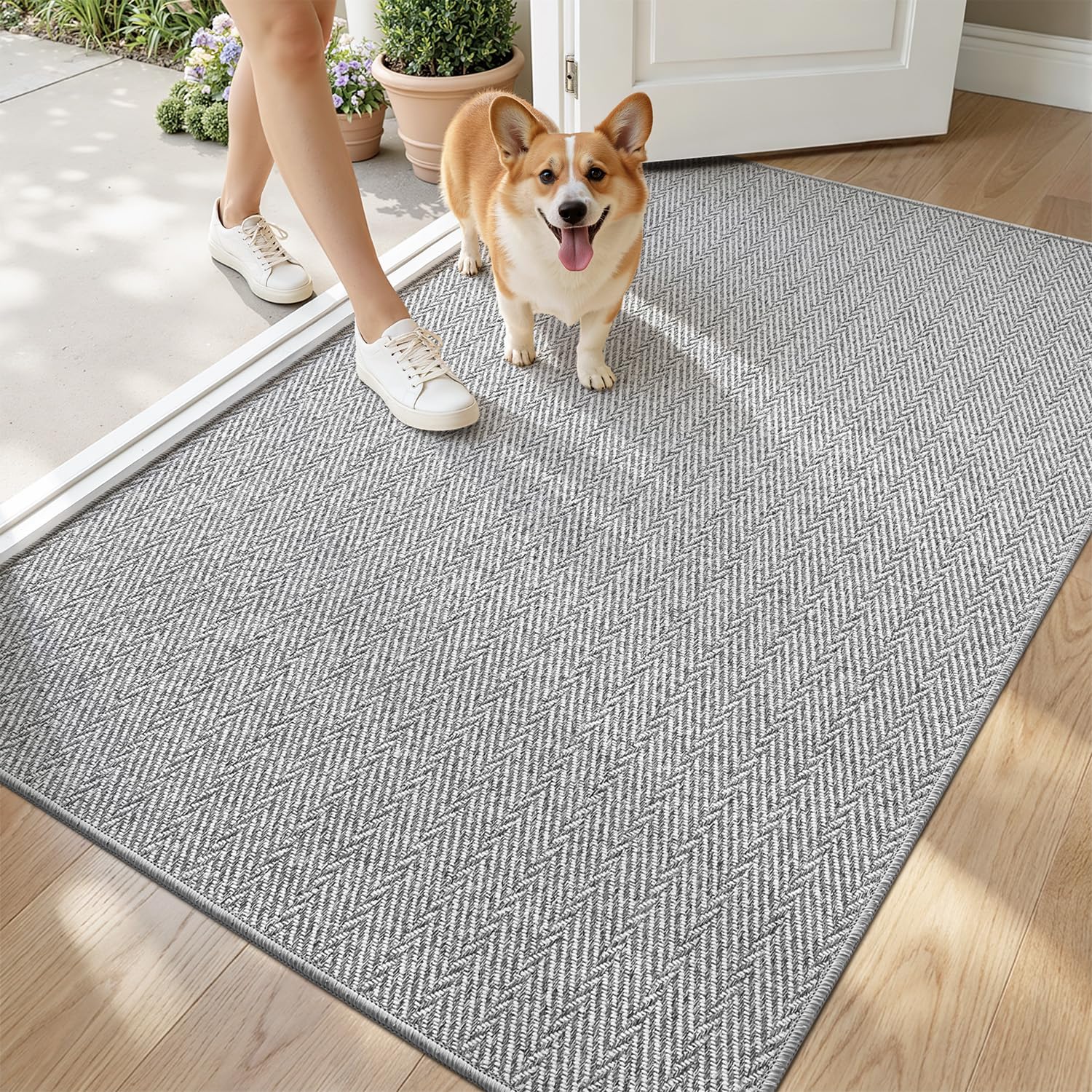 LUMI Ultra Thin Indoor Door Mat for Entrance 24"x36", Non Slip Entryway Mat, Low Profile Doormat, Unique Herringbone Design Carpet for Inside, Patio, Porch, Beige