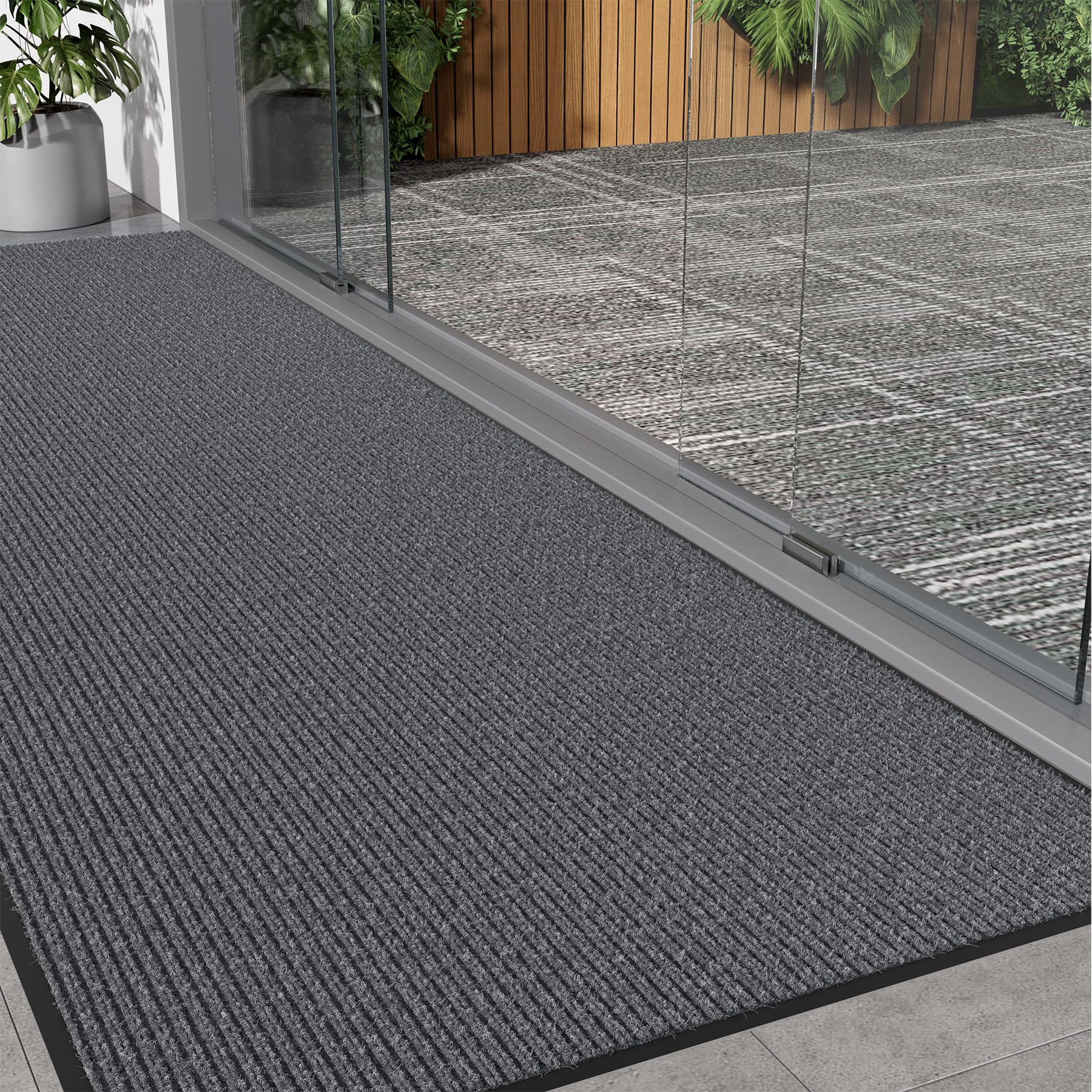 Front Door Mat, 3' x 5' Heavy Duty Door Mat Outside Entrance, Non-Slip Welcome Mat, Absorbent & Dirt Resistant, Low Profile Large Door Mats, Commercial Rugs for Entryway Indoor Outdoor, Grey