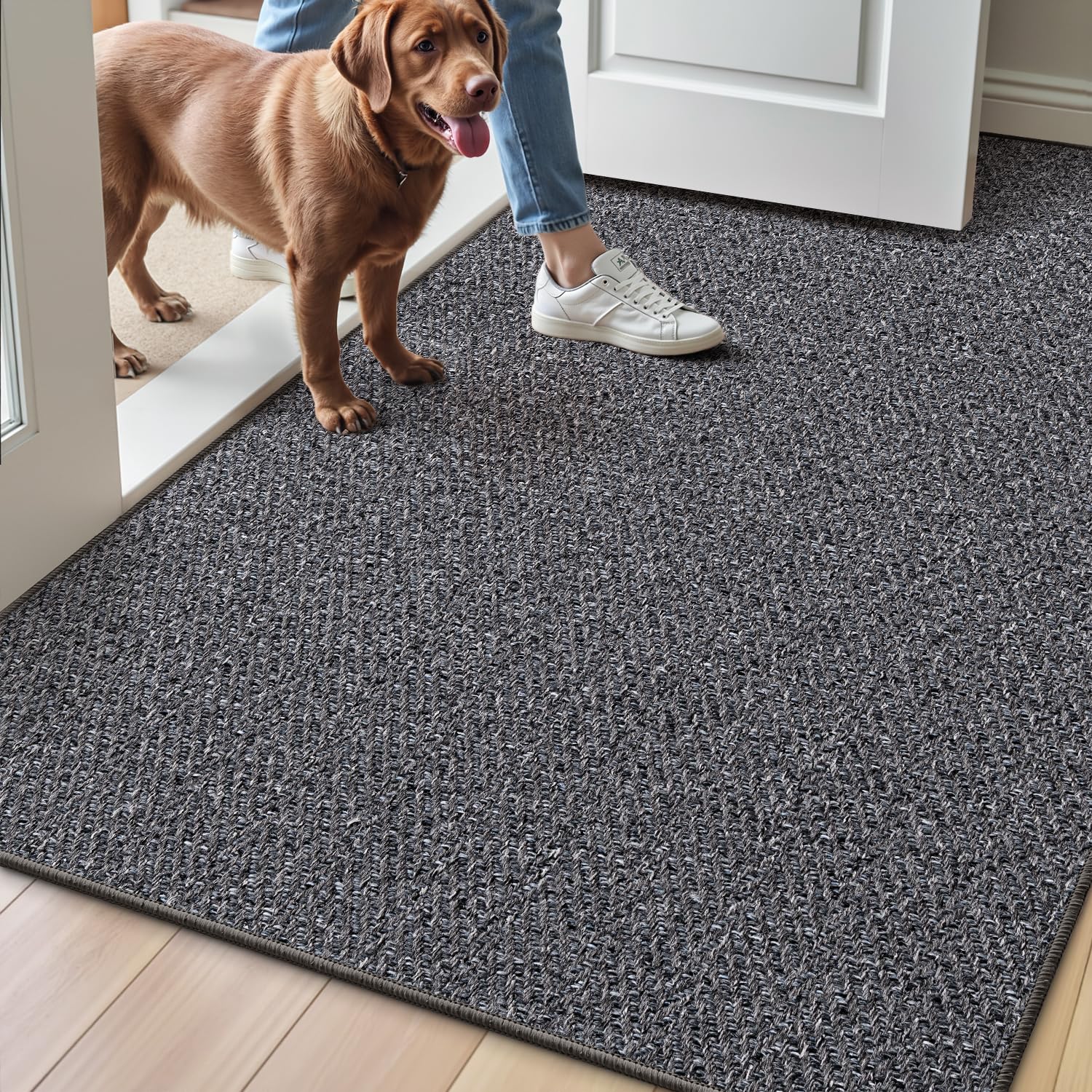 LUMI Ultra Thin Indoor Door Mat for Entrance 24"x36", Non Slip Entryway Mat, Low Profile Doormat, Unique Herringbone Design Carpet for Inside, Patio, Porch, Beige