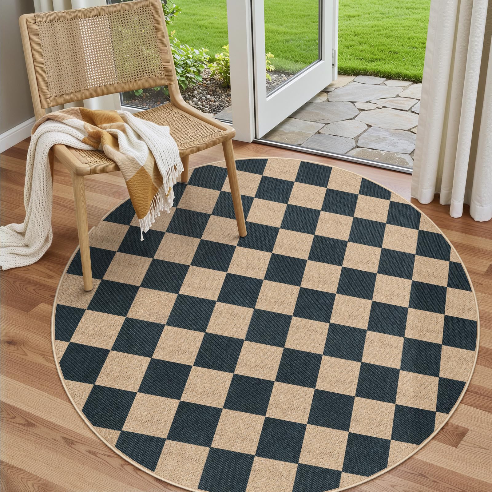 Lahome Colette Checkered Easy Jute Entryway Rug, 3x5 Washable Area Rugs for Living Room Outdoor Patio, Non Slip Blue Indoor Door Mat Checkerboard Throw Carpet for Entry Front Door Guestroom Deck