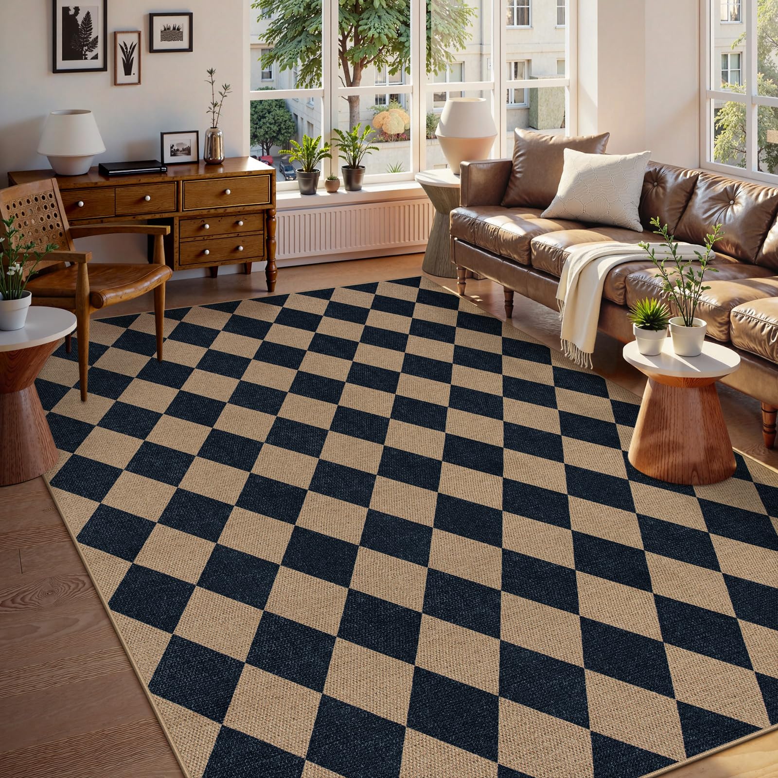 Lahome Colette Checkered Easy Jute Entryway Rug, 3x5 Washable Area Rugs for Living Room Outdoor Patio, Non Slip Blue Indoor Door Mat Checkerboard Throw Carpet for Entry Front Door Guestroom Deck