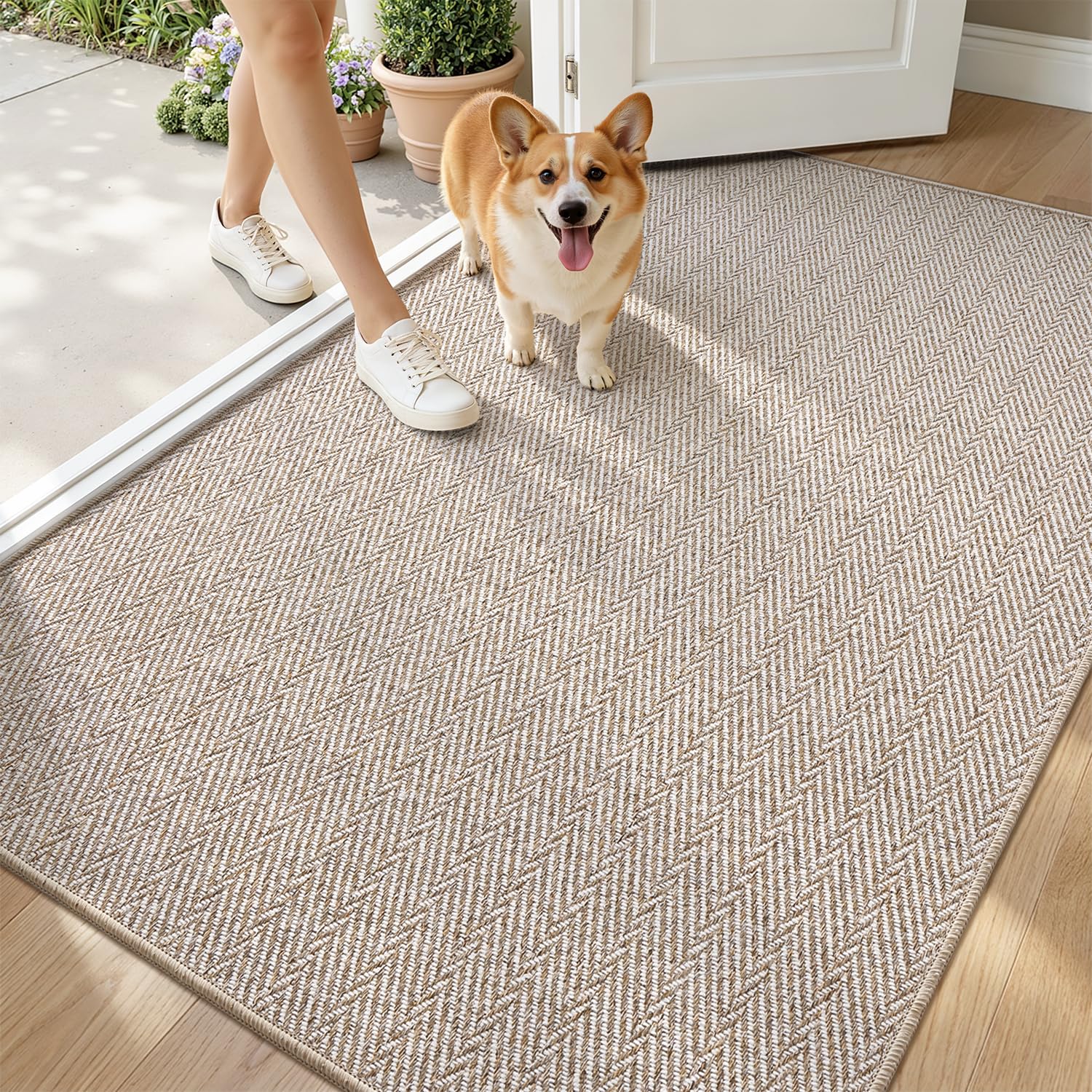 LUMI Ultra Thin Indoor Door Mat for Entrance 24"x36", Non Slip Entryway Mat, Low Profile Doormat, Unique Herringbone Design Carpet for Inside, Patio, Porch, Beige
