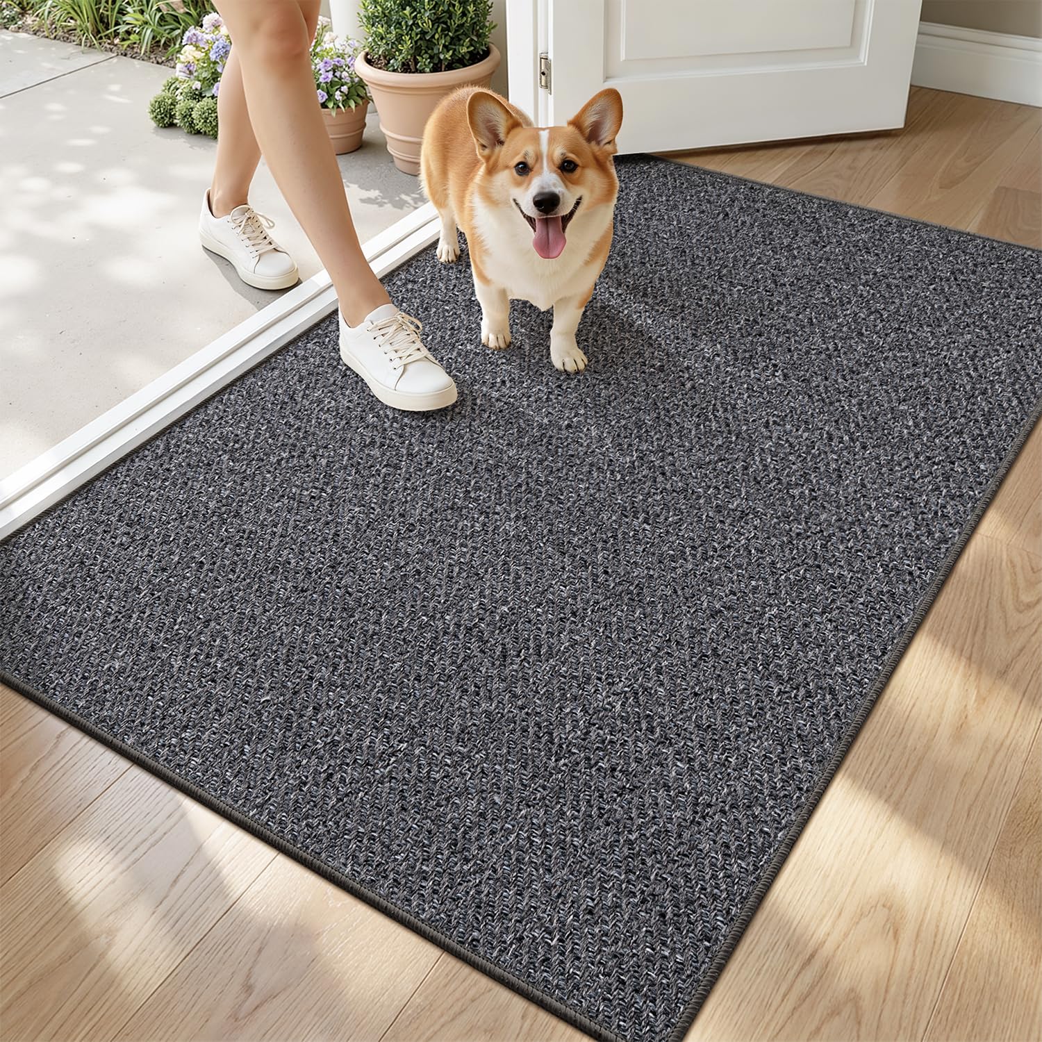 LUMI Ultra Thin Indoor Door Mat for Entrance 24"x36", Non Slip Entryway Mat, Low Profile Doormat, Unique Herringbone Design Carpet for Inside, Patio, Porch, Beige