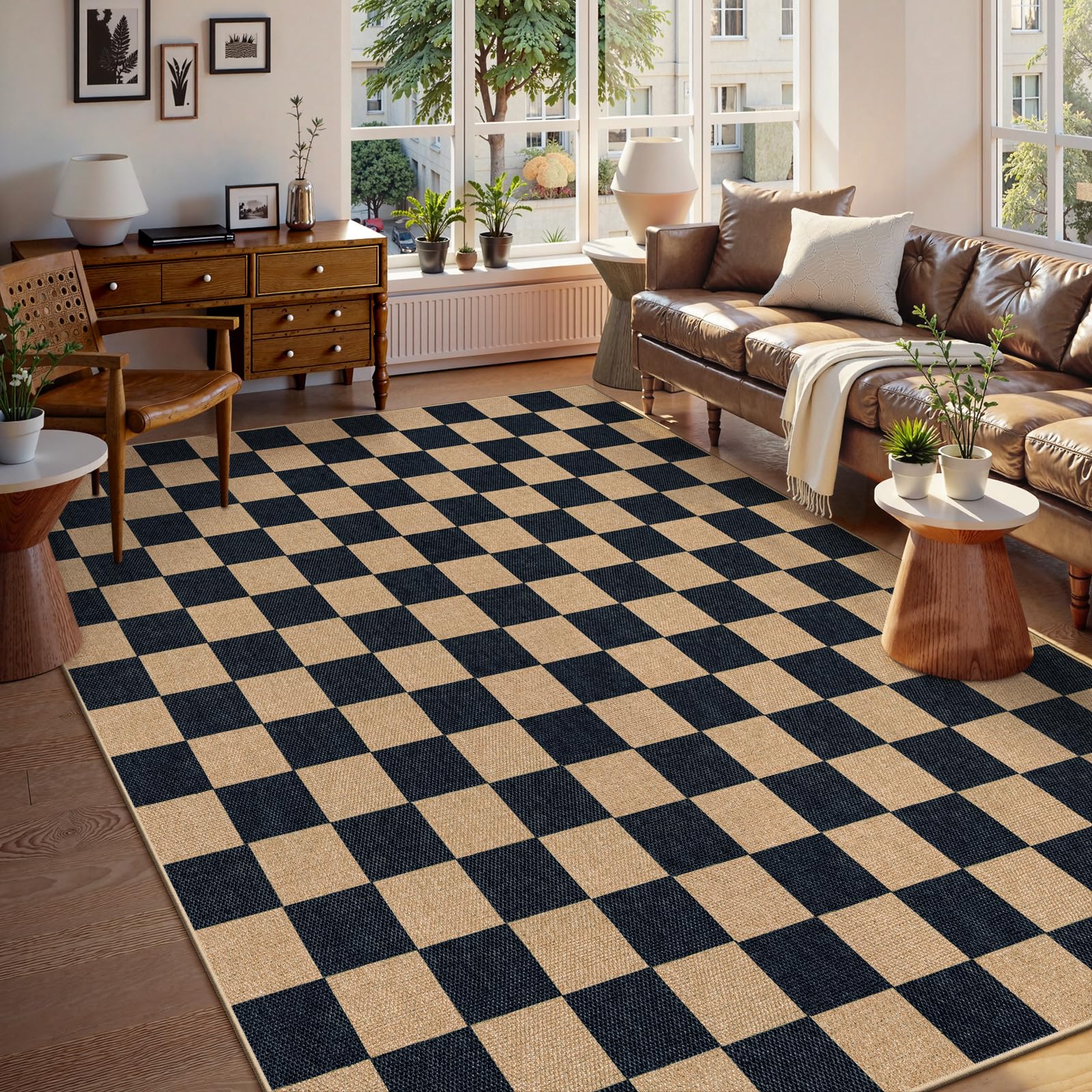 Lahome Colette Checkered Easy Jute Entryway Rug, 3x5 Washable Area Rugs for Living Room Outdoor Patio, Non Slip Blue Indoor Door Mat Checkerboard Throw Carpet for Entry Front Door Guestroom Deck