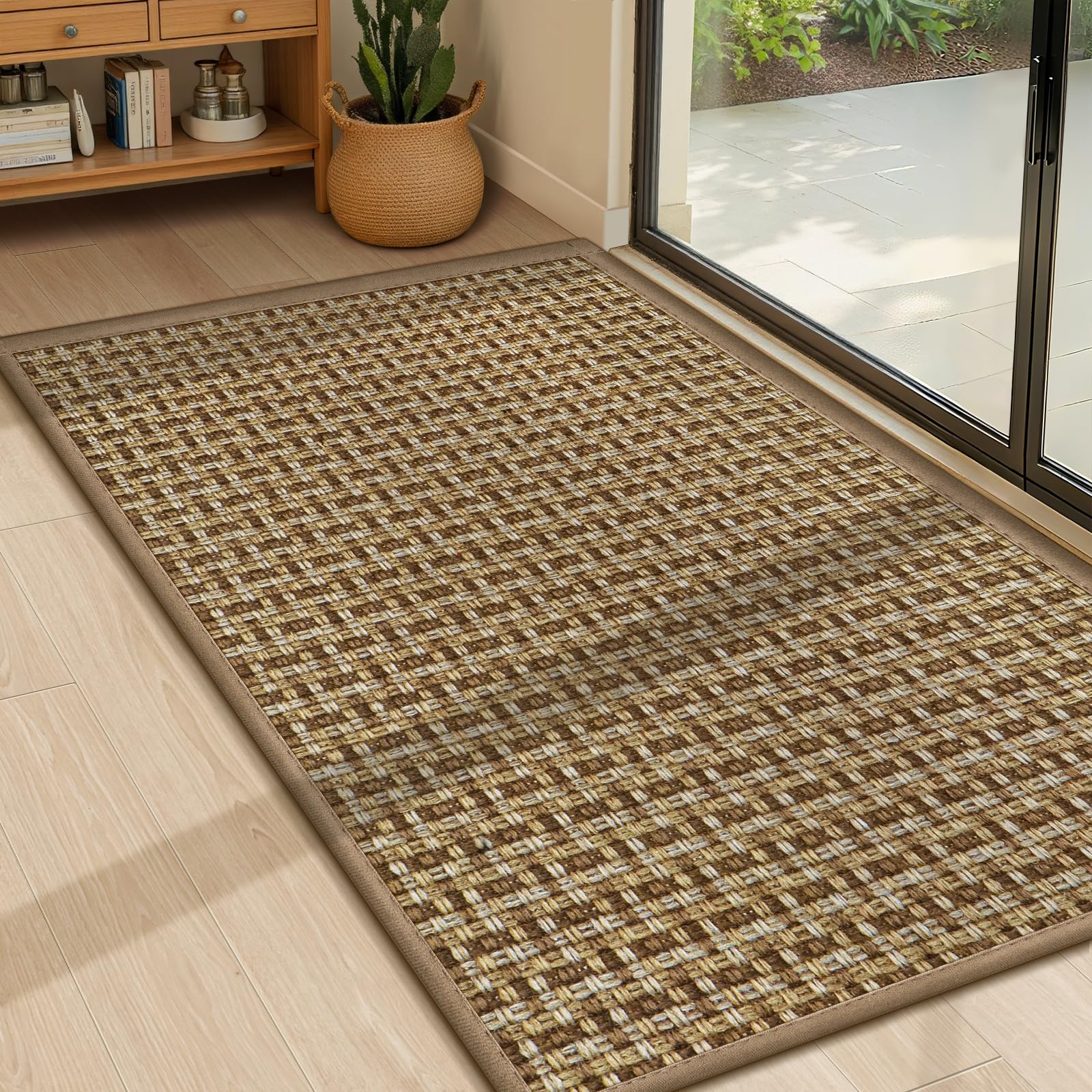 LEKEEPGO Ultra Thin Indoor Door Mat 36"x59", Low-Profile Door Mat Indoor Entrance, Non Slip Rubber Backing Inside Doormat Washable Welcome Front Entryway Dirt Trapper Entry Mat, Brown
