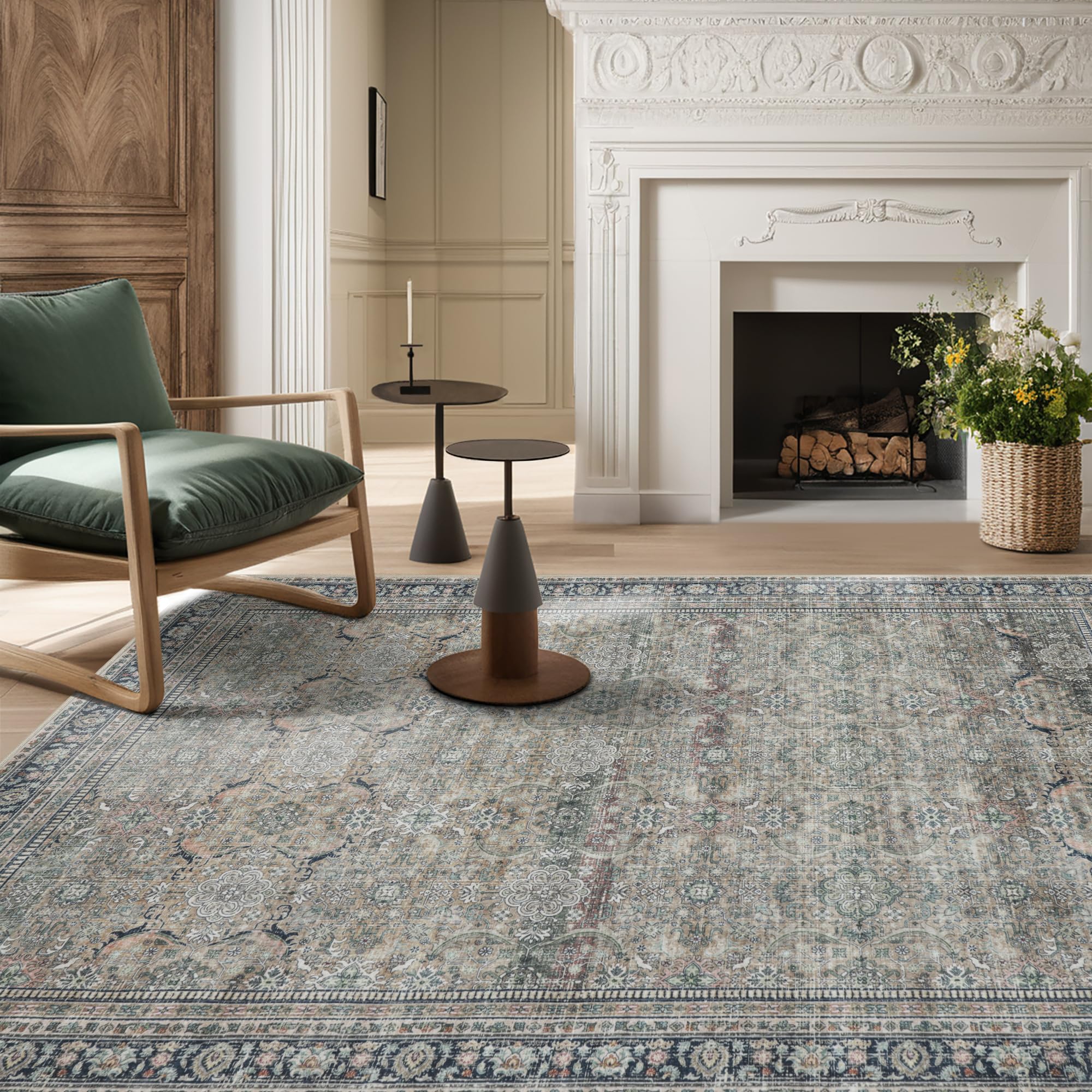 Srugn Washable Rugs 8x10 Area Rugs for Living Room,Ultra Soft Faux Wool Retro Rugs for Bedroom,Dining Room,Non Slip&Non-Shedding Low Pile Vintage Print Rug Indoor Large Carpets for Home Office Decor