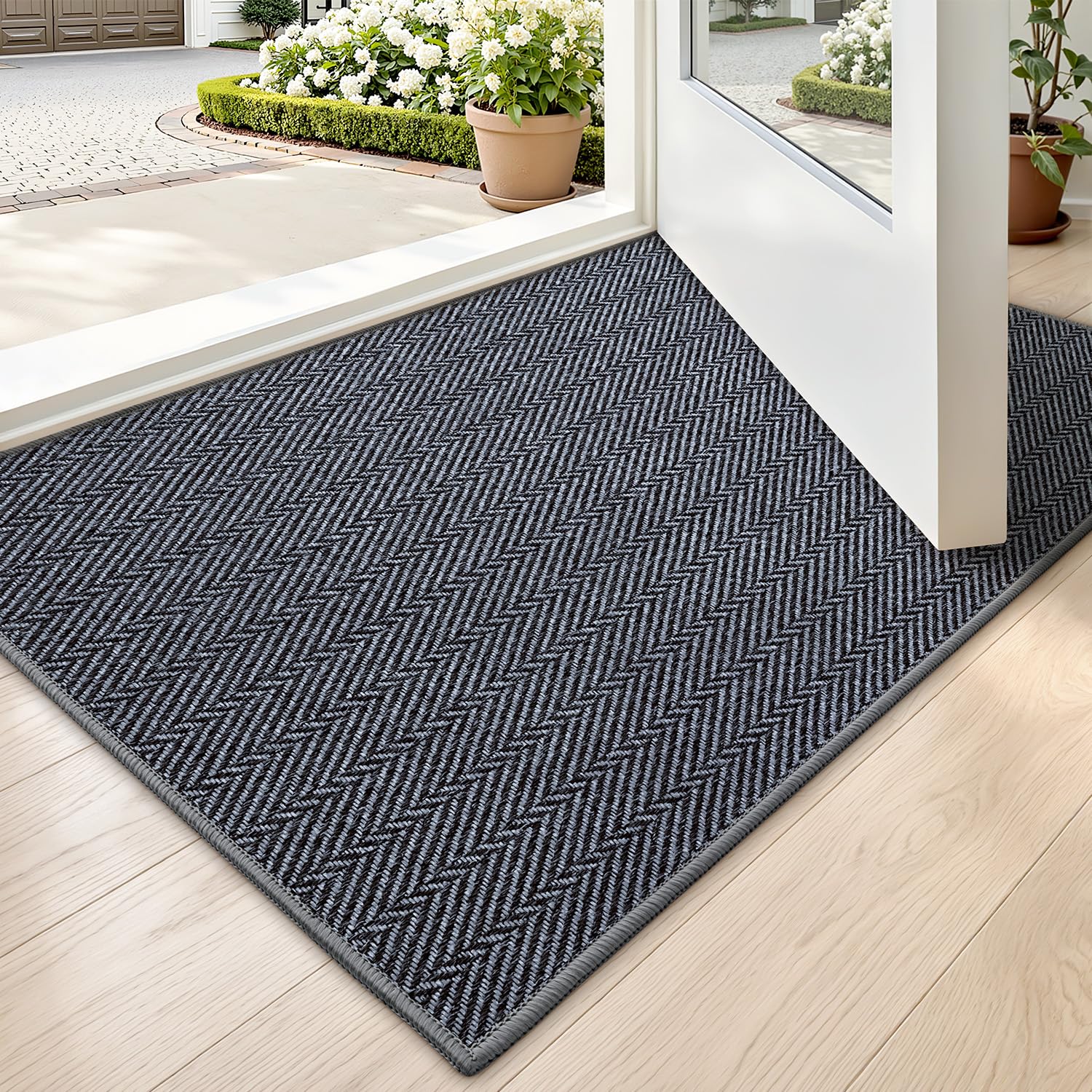 LUMI Ultra Thin Indoor Door Mat for Entrance 24"x36", Non Slip Entryway Mat, Low Profile Doormat, Unique Herringbone Design Carpet for Inside, Patio, Porch, Beige