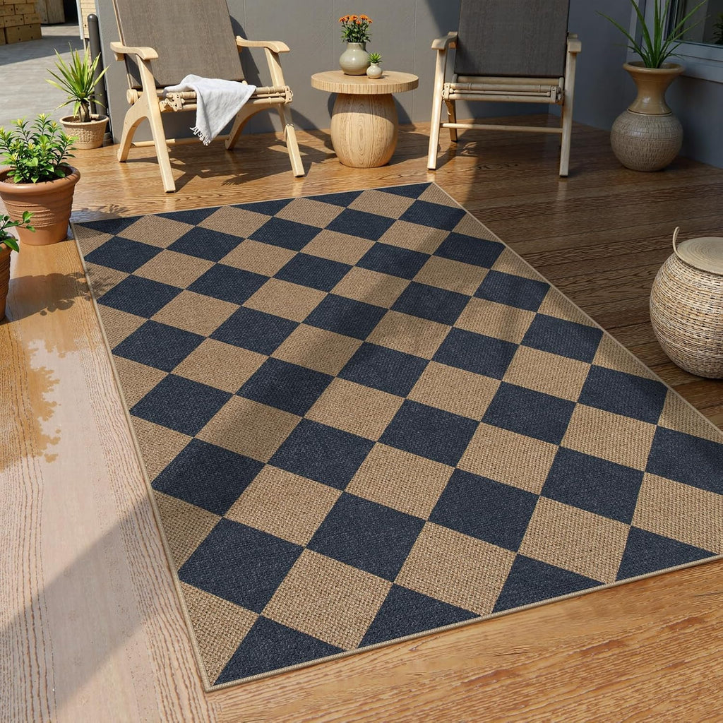 Lahome Colette Checkered Easy Jute Entryway Rug, 3x5 Washable Area Rugs for Living Room Outdoor Patio, Non Slip Blue Indoor Door Mat Checkerboard Throw Carpet for Entry Front Door Guestroom Deck