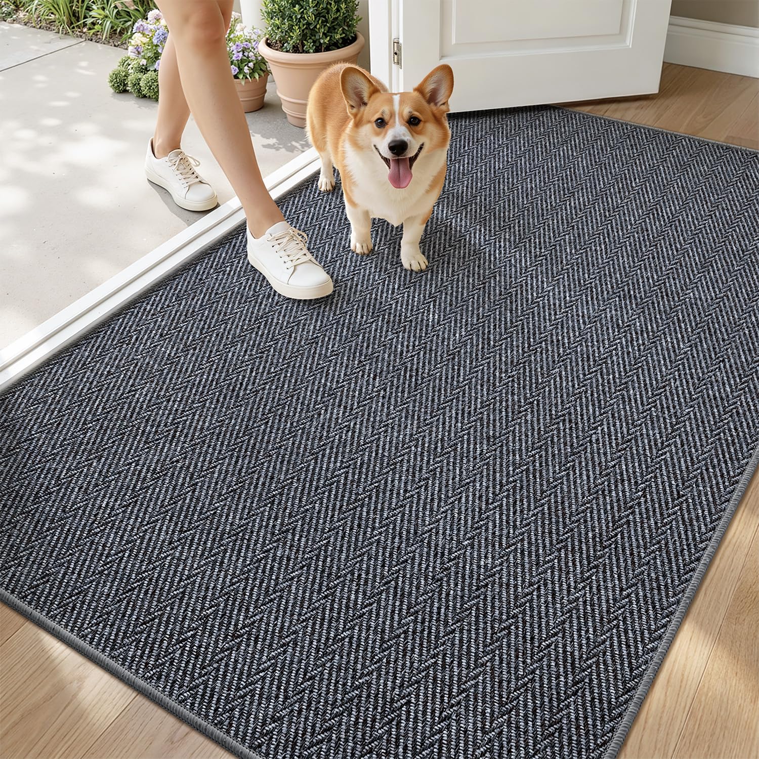 LUMI Ultra Thin Indoor Door Mat for Entrance 24"x36", Non Slip Entryway Mat, Low Profile Doormat, Unique Herringbone Design Carpet for Inside, Patio, Porch, Beige