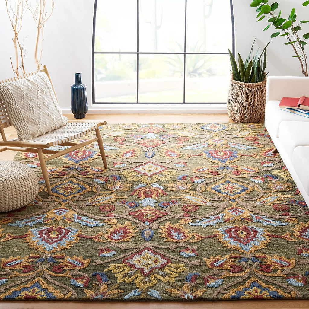 SAFAVIEH Area Rug 8x10 - Blossom Collection - Large - Green & Multi, Handmade Wool, Ideal for Living Room, Bedroom, Office, Dining Space (BLM402B)