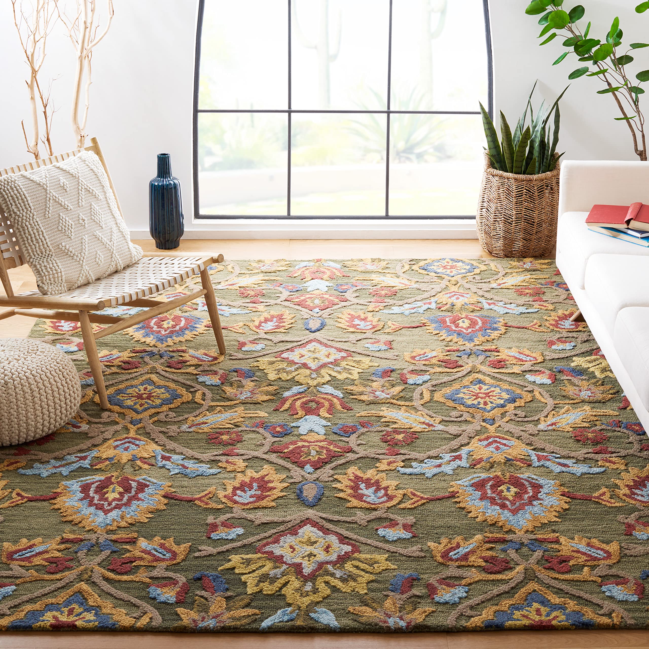 SAFAVIEH Area Rug 8x10 - Blossom Collection - Large - Green & Multi, Handmade Wool, Ideal for Living Room, Bedroom, Office, Dining Space (BLM402B)
