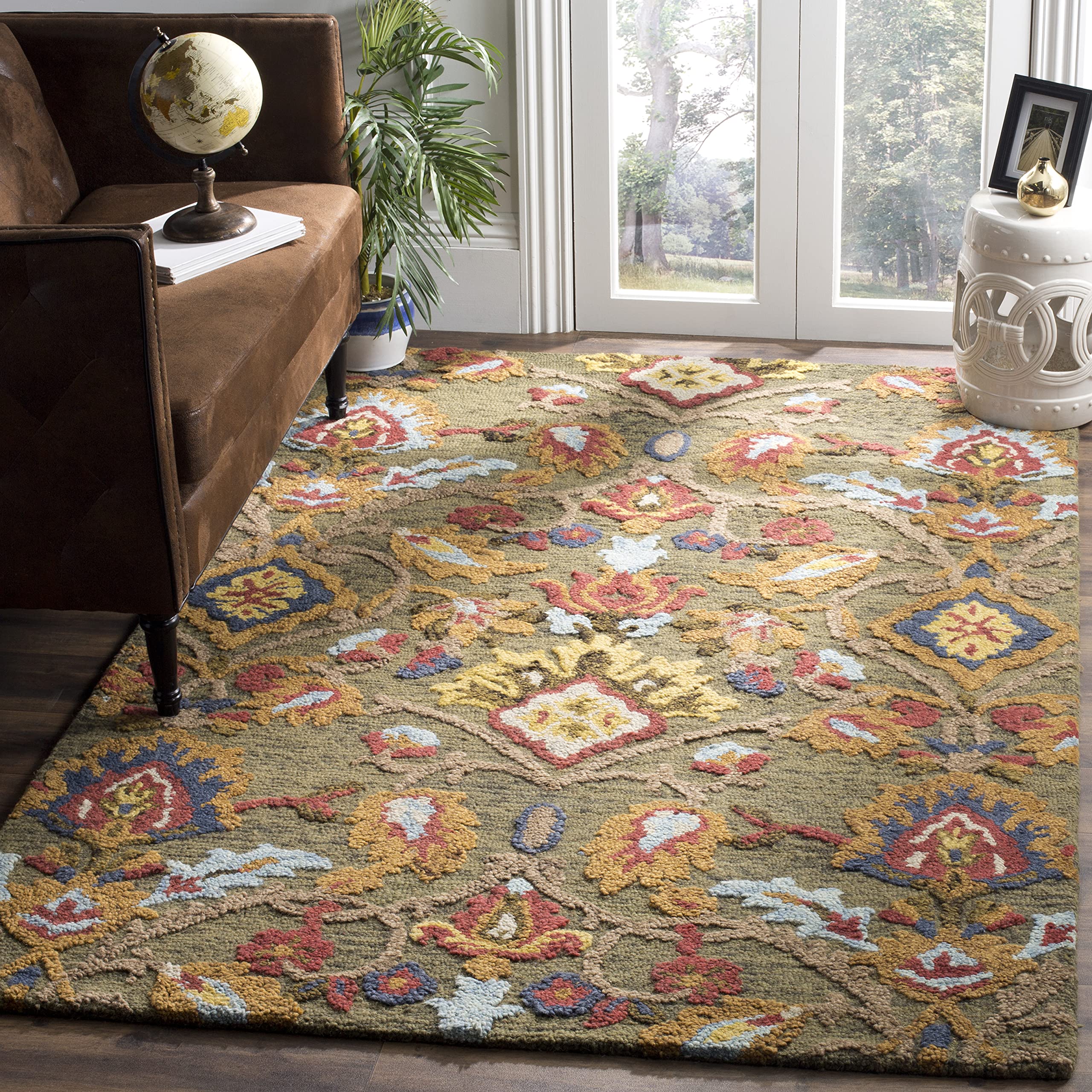 SAFAVIEH Area Rug 8x10 - Blossom Collection - Large - Green & Multi, Handmade Wool, Ideal for Living Room, Bedroom, Office, Dining Space (BLM402B)